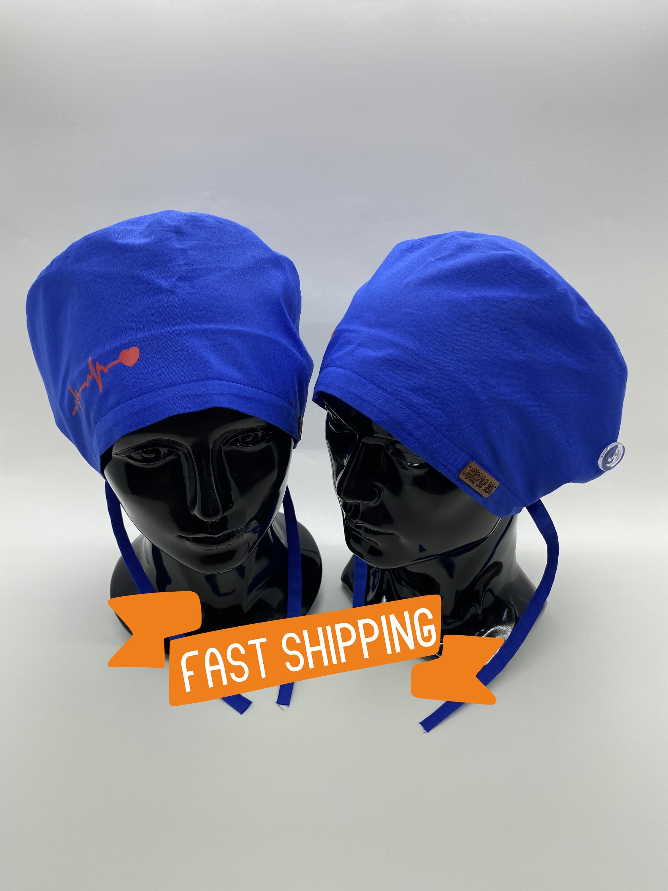 Blue Surgical Scrub Cap Hat with Buttons Bouffant, Surgical Hat for Women with Long Hair, Electrocardiogram Print Cotton Scrub Cap, HAT200 - image 3