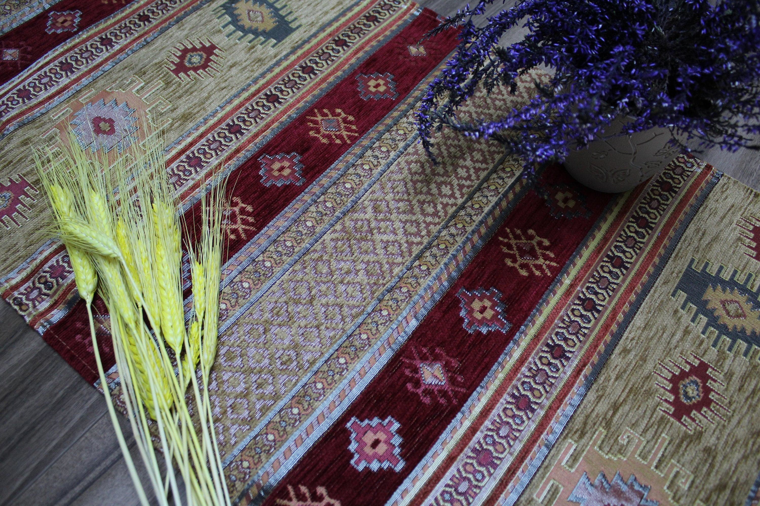 Mustard Turkish Table Cloth Runner, Kilim Design Aztec Boho Table Runner For Wedding, Burgundy Table Cover, Table Cloth, RNR169 - image 3