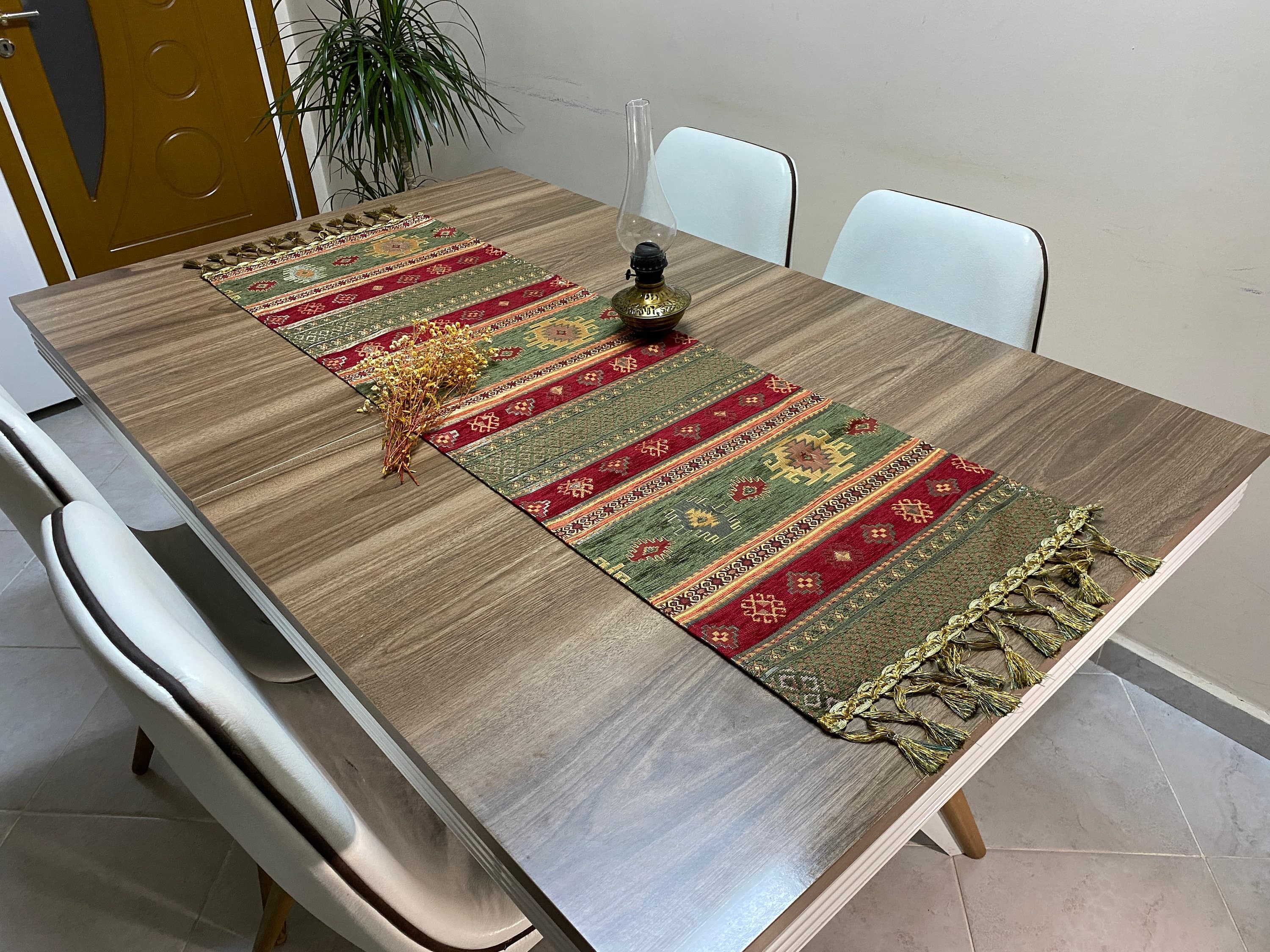 Burgundy Kilim Pattern Turkish Coffee Table Cloth Runner,  Aztec Boho Wedding Oriental Table Runner, Green Diner Table Runner, RNR275