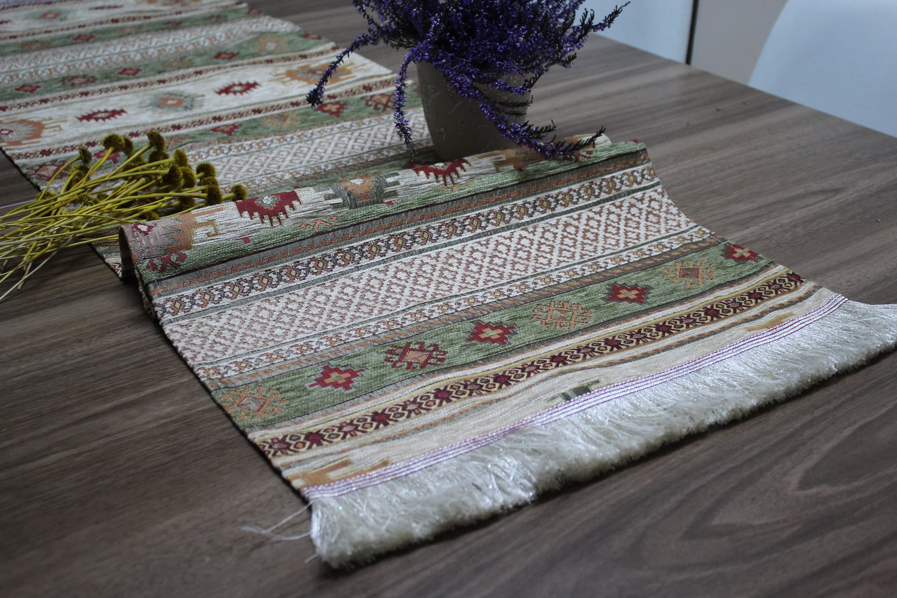 Khaki Turkish Table Cloth Runner, Cream Boho Table Runner For Wedding, Kilim Design Table Runner, Home Decor, Khaki Home Decor, RNR138 - image 4