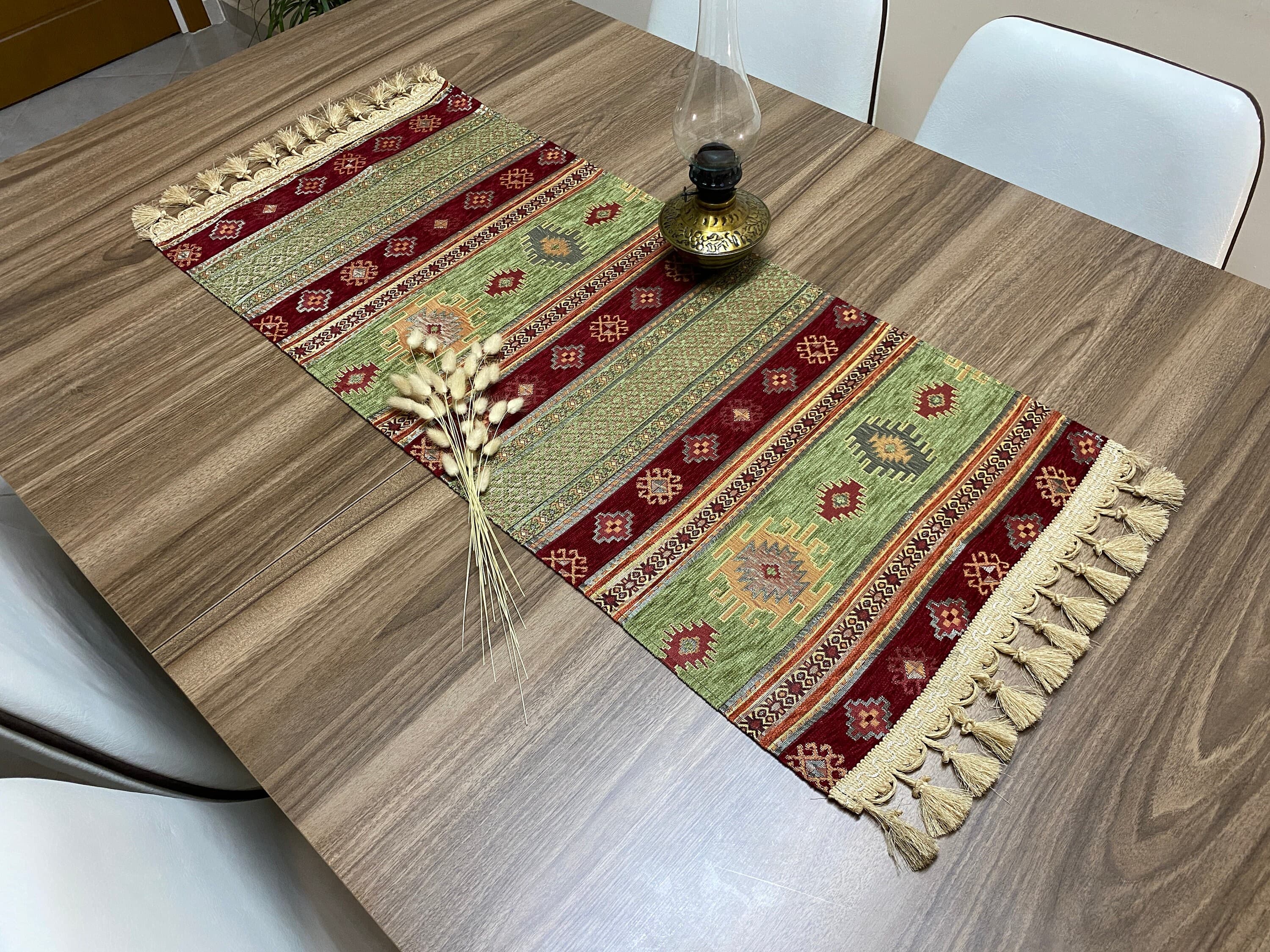 Burgundy Kilim Pattern Turkish Coffee Table Cloth Runner, Actec Small Home Boho Wedding Oriental Table Runner, Diner Table Runner, RNR339 - image 4
