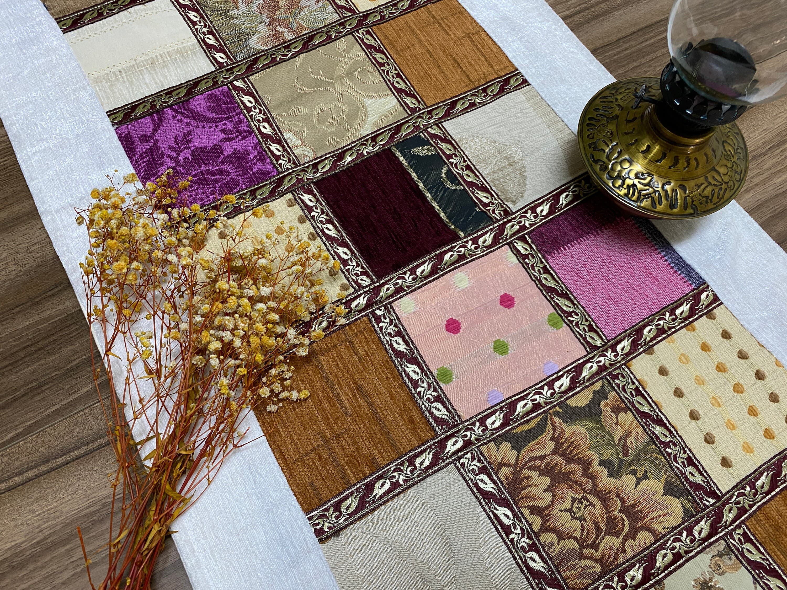 White Patchwork Pattern Turkish Coffee Table Cloth Runner, Small  Boho Wedding Oriental Table , Diner Table Runner, RNR353 - image 4