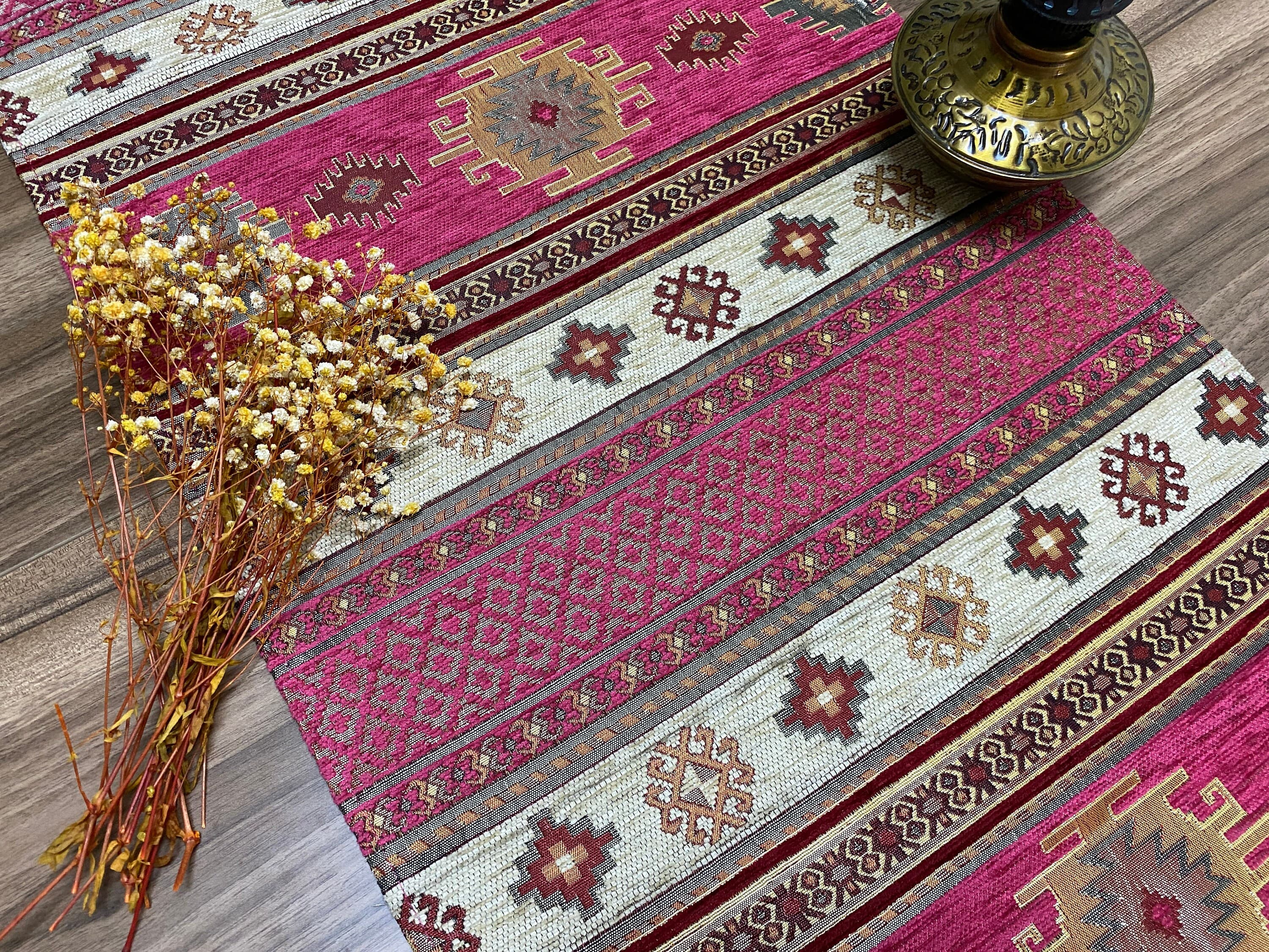 Fuchsia Kilim Pattern Turkish Coffee Table Cloth Runner, Actec Small Home Boho Wedding Oriental Table Runner, Diner Table Runner, RNR350 - image 4