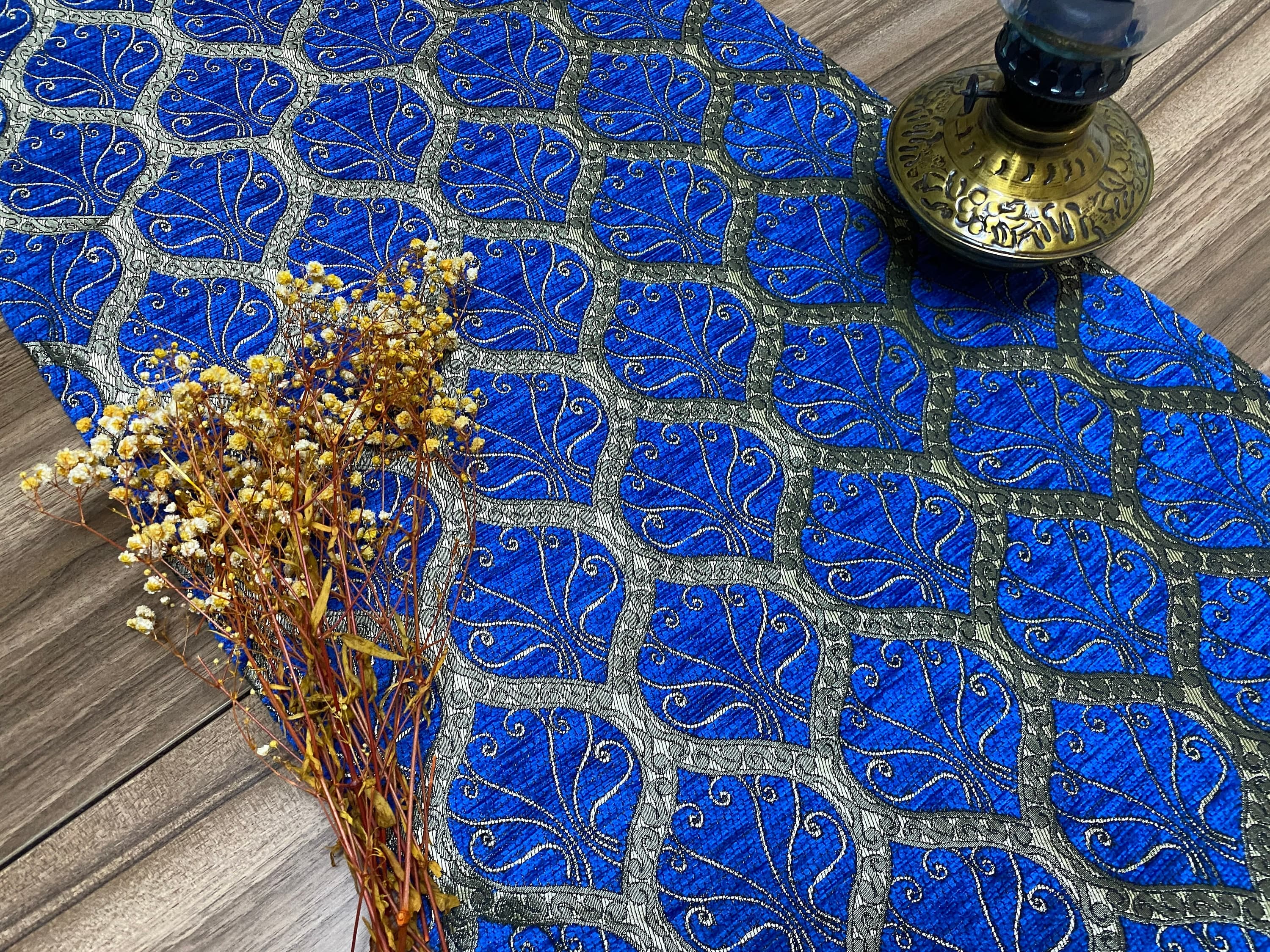 Vibrant Blue Peacock Tail Pattern Turkish Coffee Table Cloth Runner,Home Boho Wedding Oriental Table Runner, Gray Diner Table Runner, RNR421 - image 3