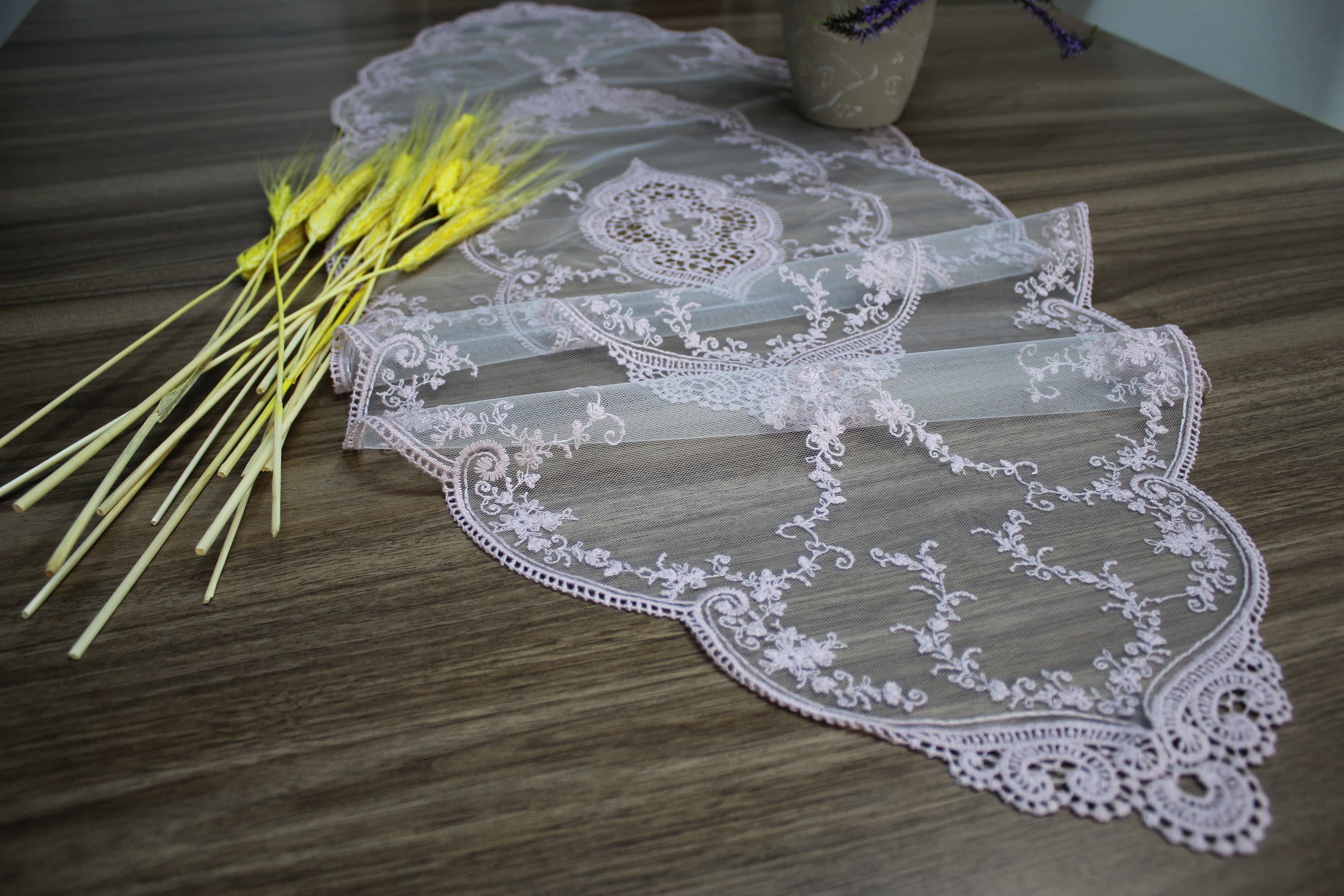 Pink French Lace Table Runner, Vintage Style French Tablecloth For Wedding Table, Linen Table Runner, Wedding Table Linens, LC129 - image 4