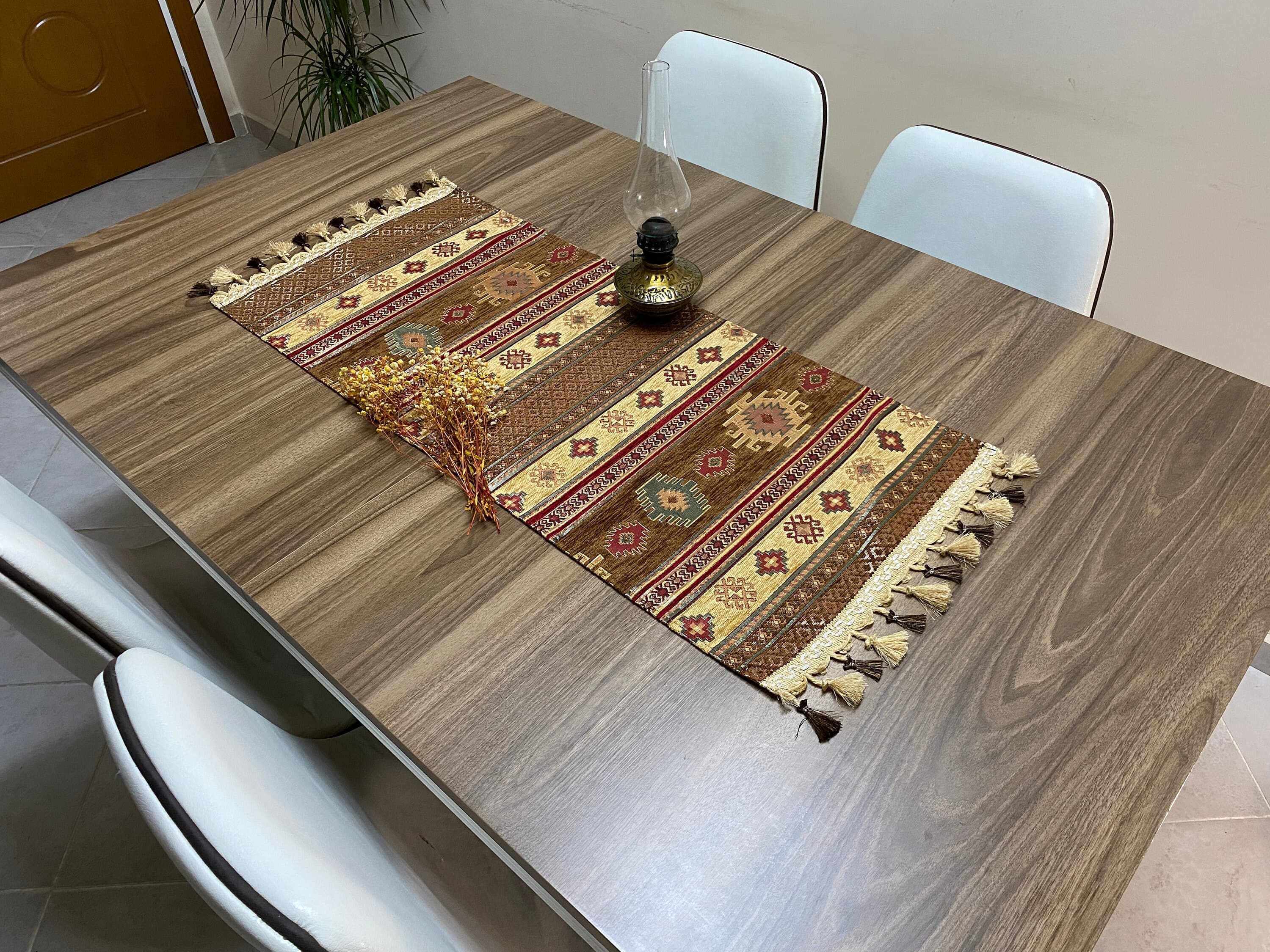 Brown Kilim Pattern Turkish Coffee Table Cloth Runner, Actec Small Home Boho Wedding Oriental Table Runner, Diner Table Runner, RNR348 - image 3