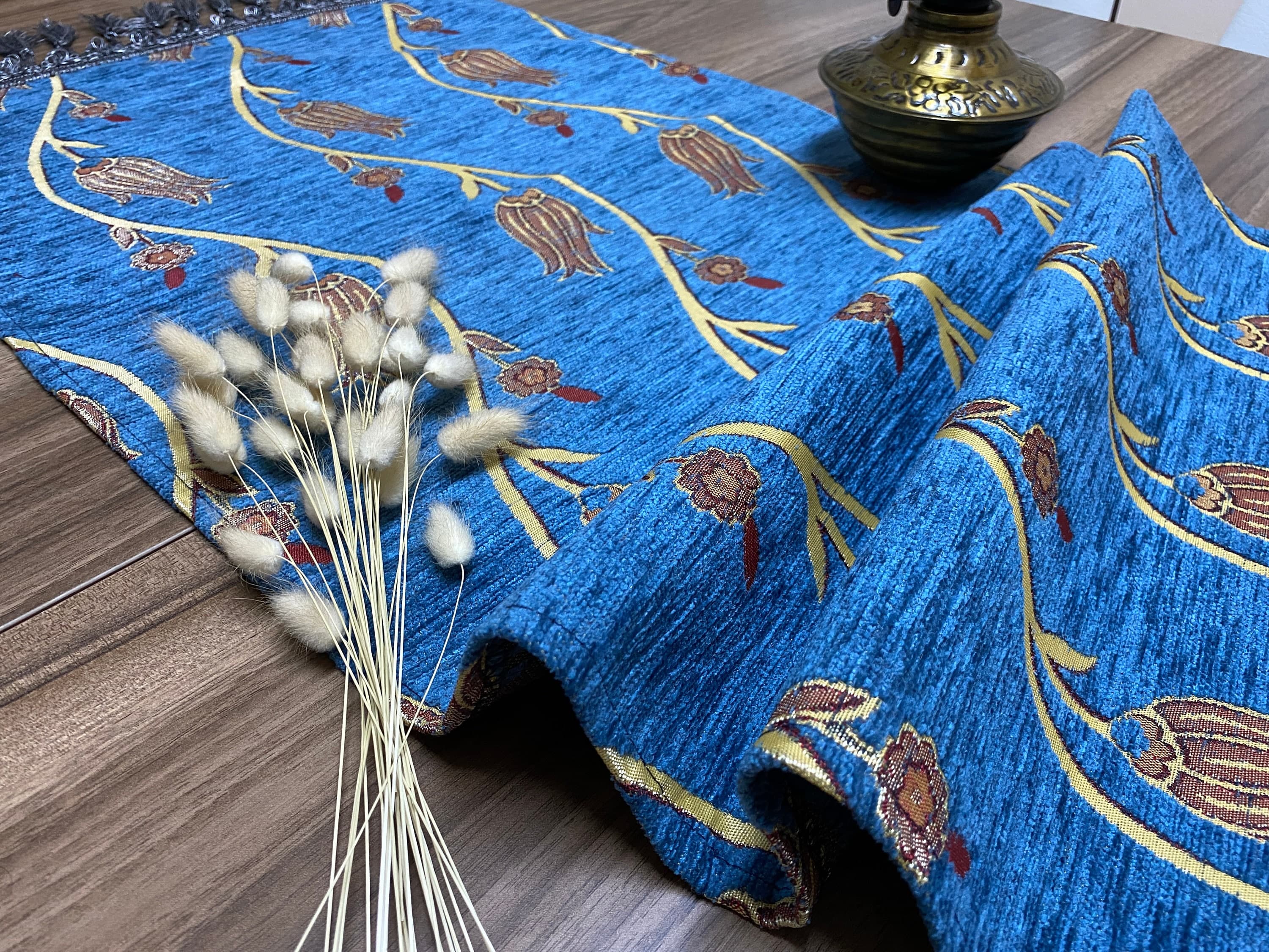 Dark Blue Tulip Pattern Mini Turkish Coffee Table Cloth Runner, Home Boho Wedding Oriental Table Runner, Diner Table Runner, RNR334