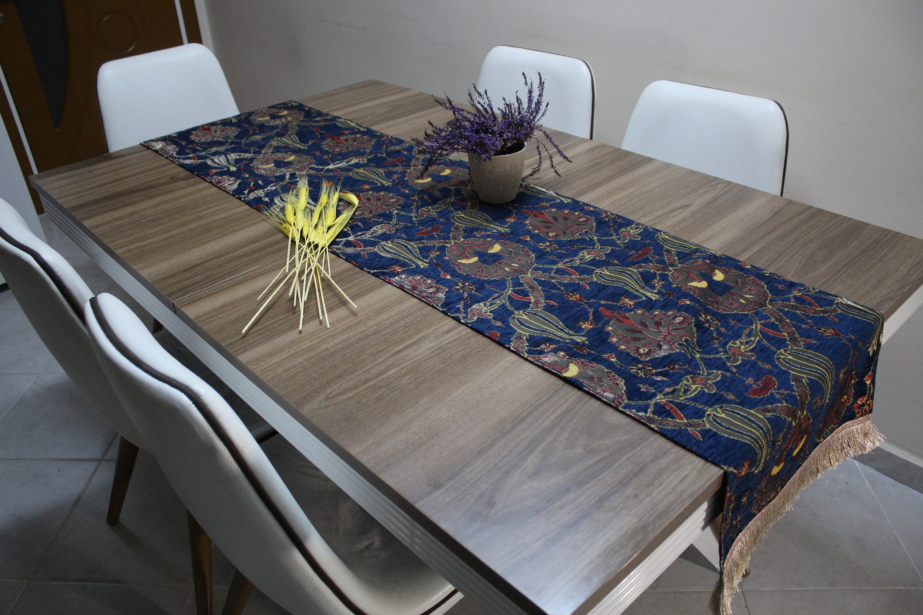 Dark Blue Turkish Table Cloth Runner, Tulip Design Floral Boho Table Runner For Wedding, Gray Table Cover ,Table Decoration,  RNR214