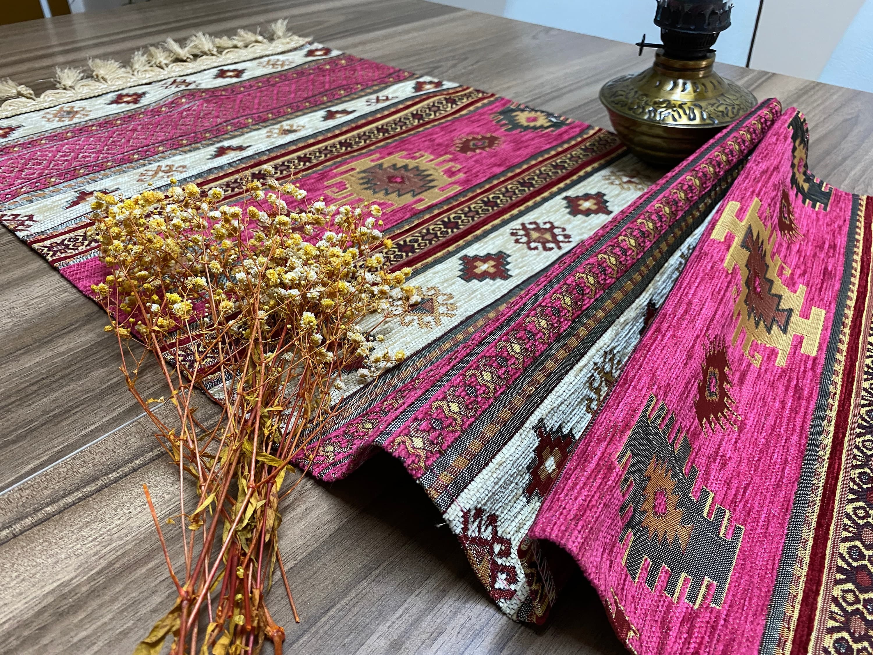 Fuchsia Kilim Pattern Turkish Coffee Table Cloth Runner, Actec Small Home Boho Wedding Oriental Table Runner, Diner Table Runner, RNR350 - image 5