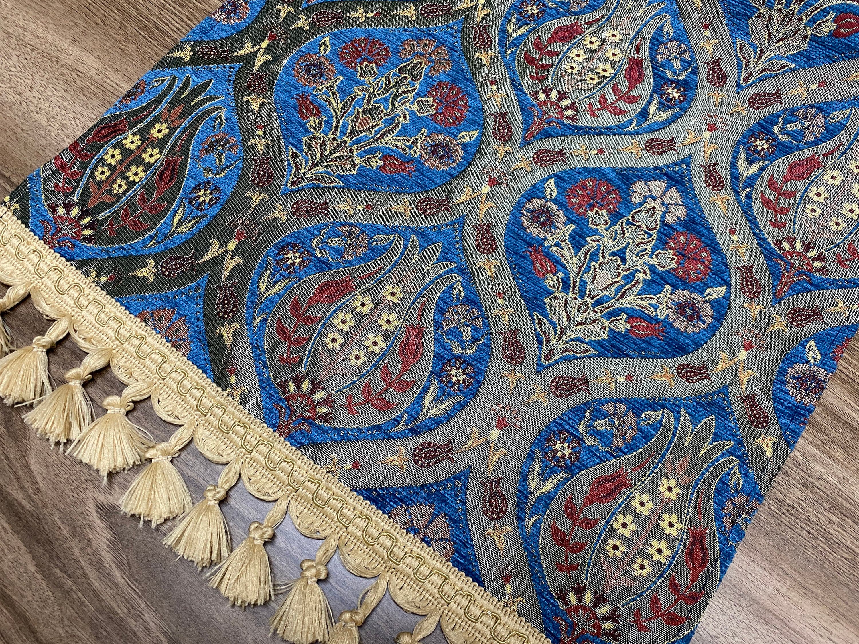 Blue Tulip Pattern Turkish Table Runner, Long Boho Wedding Table Decor, Red Carnation Farmhouse Rustic Table Runner, RNR371 - image 5