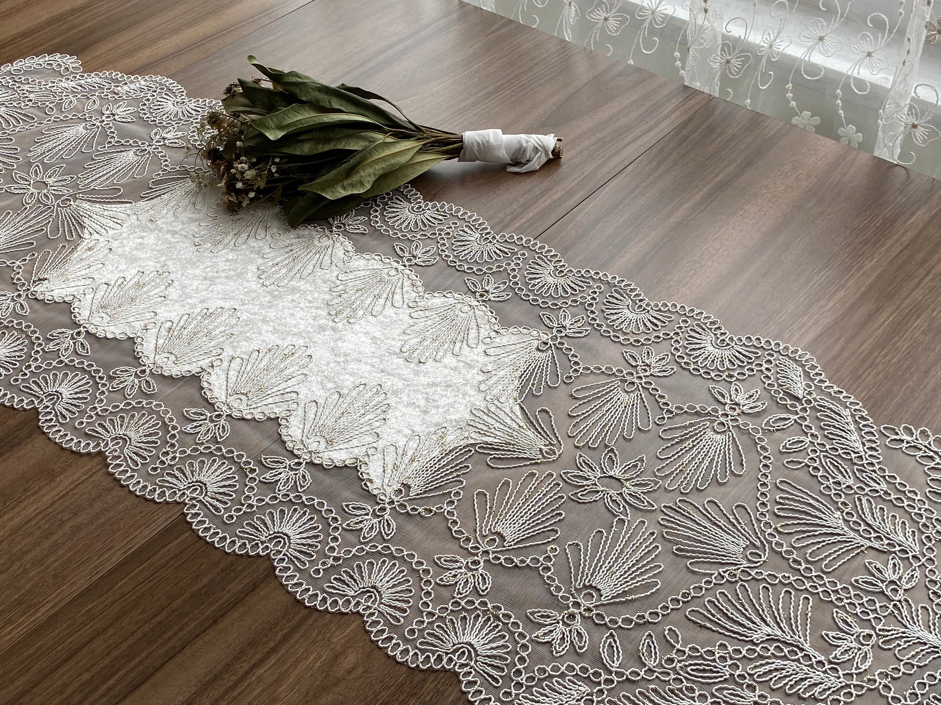 Cream French Lace Velvet Table Runner, Delicate French Lace Table Runner For Wedding Table, Table Decoration, Organizations, Weddings, LC211 - image 3