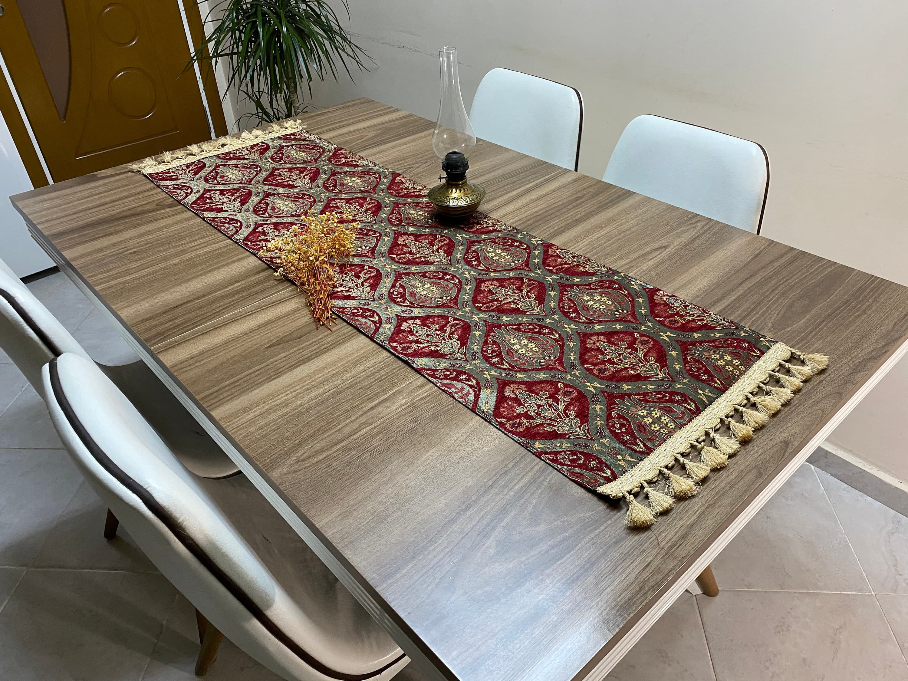 Burgundy Tulip Pattern Turkish Coffee Table Cloth Runner,  Carnation Boho Wedding Oriental Table Runner, Diner Table Runner Cloth, RNR261