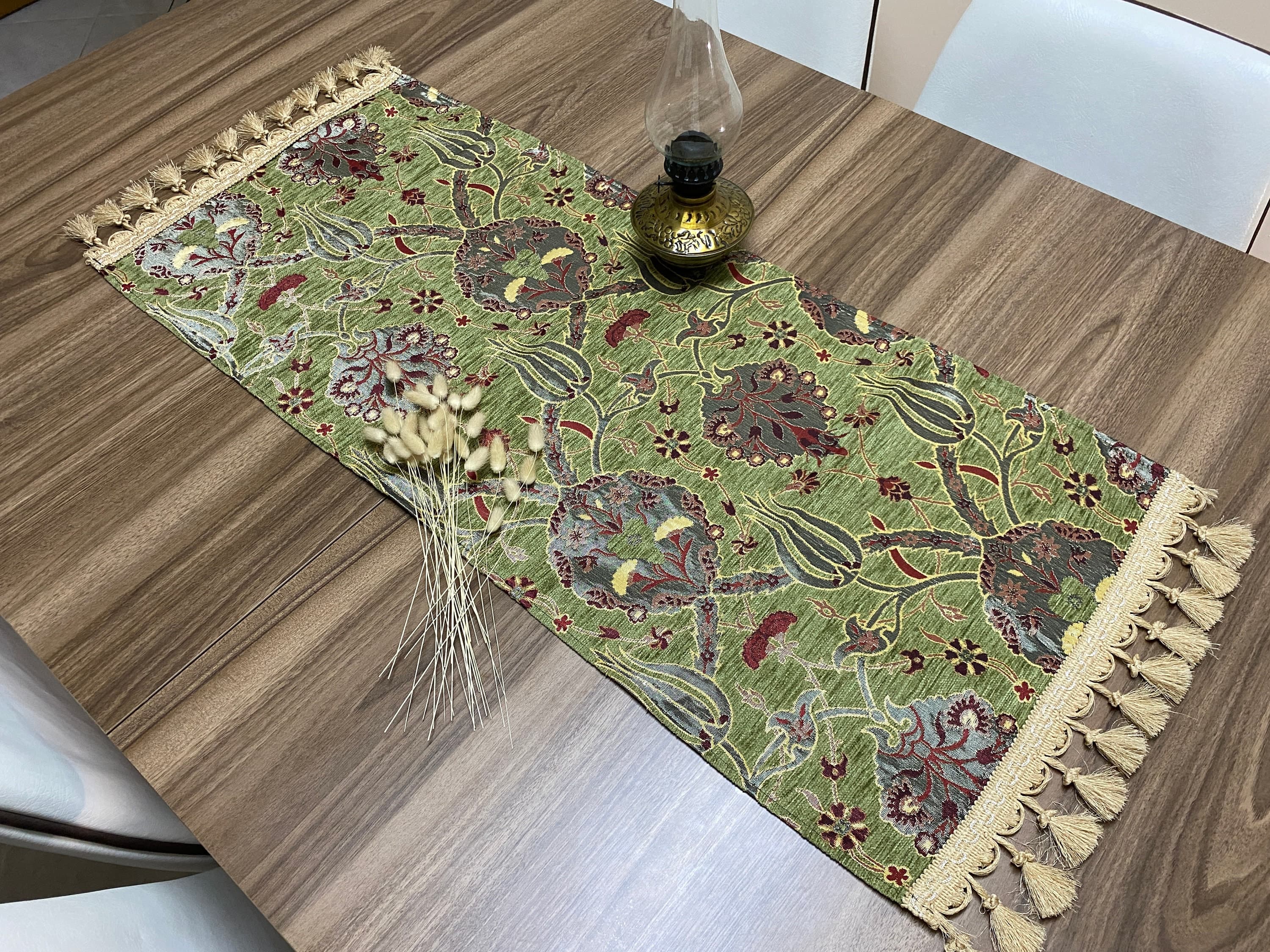 Pistachio Green Tulipl Pattern  Mini Turkish Coffee Table Cloth Runner,  Home Boho Wedding Oriental Table Runner, Diner Table Runner, RNR325 - image 3