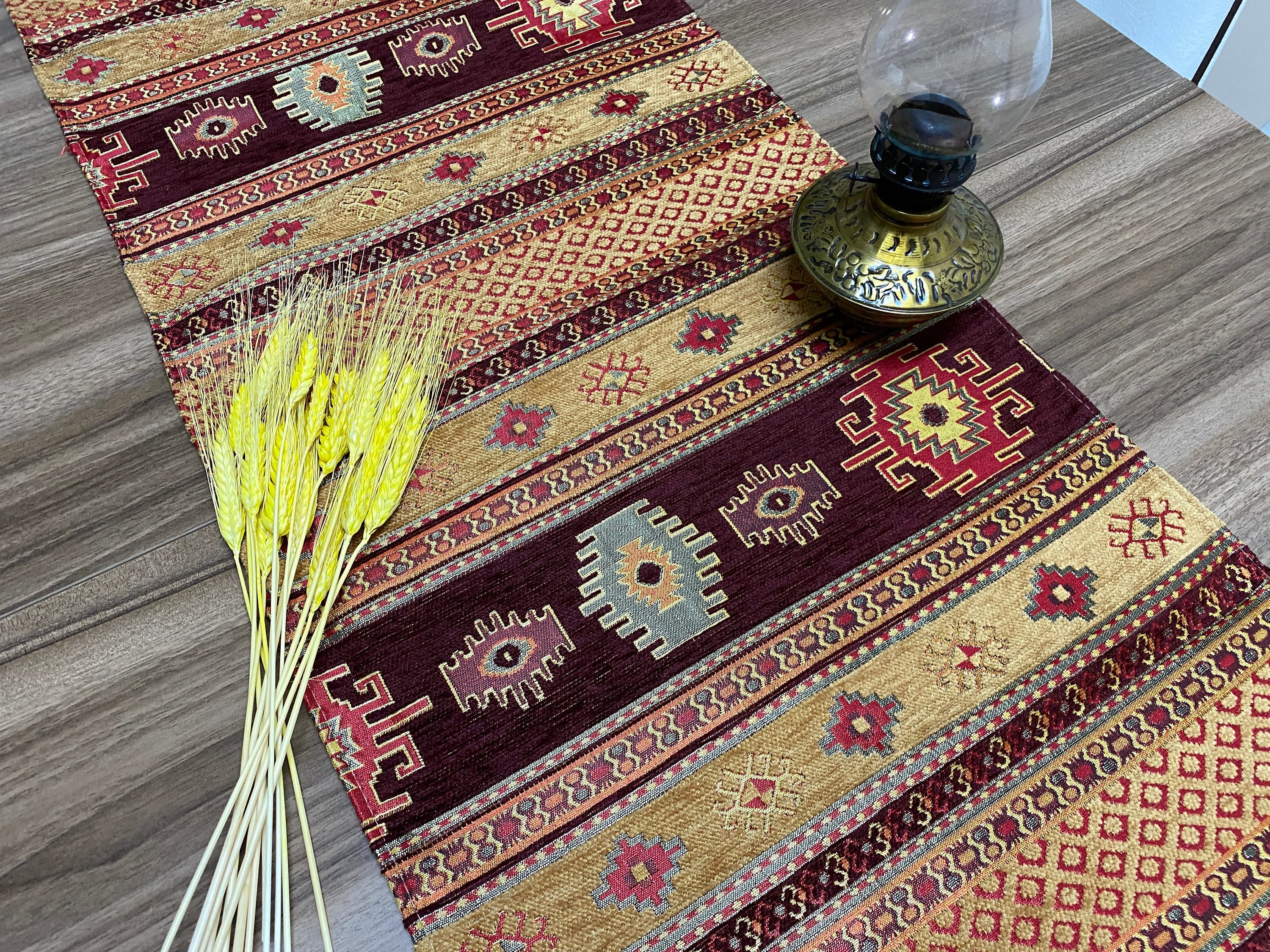 Burgundy Kilim Pattern Turkish Table Runner, Long Boho Wedding Table Decor, Aztec Mustard Farmhouse Rustic Table Runner, RNR369 - image 3