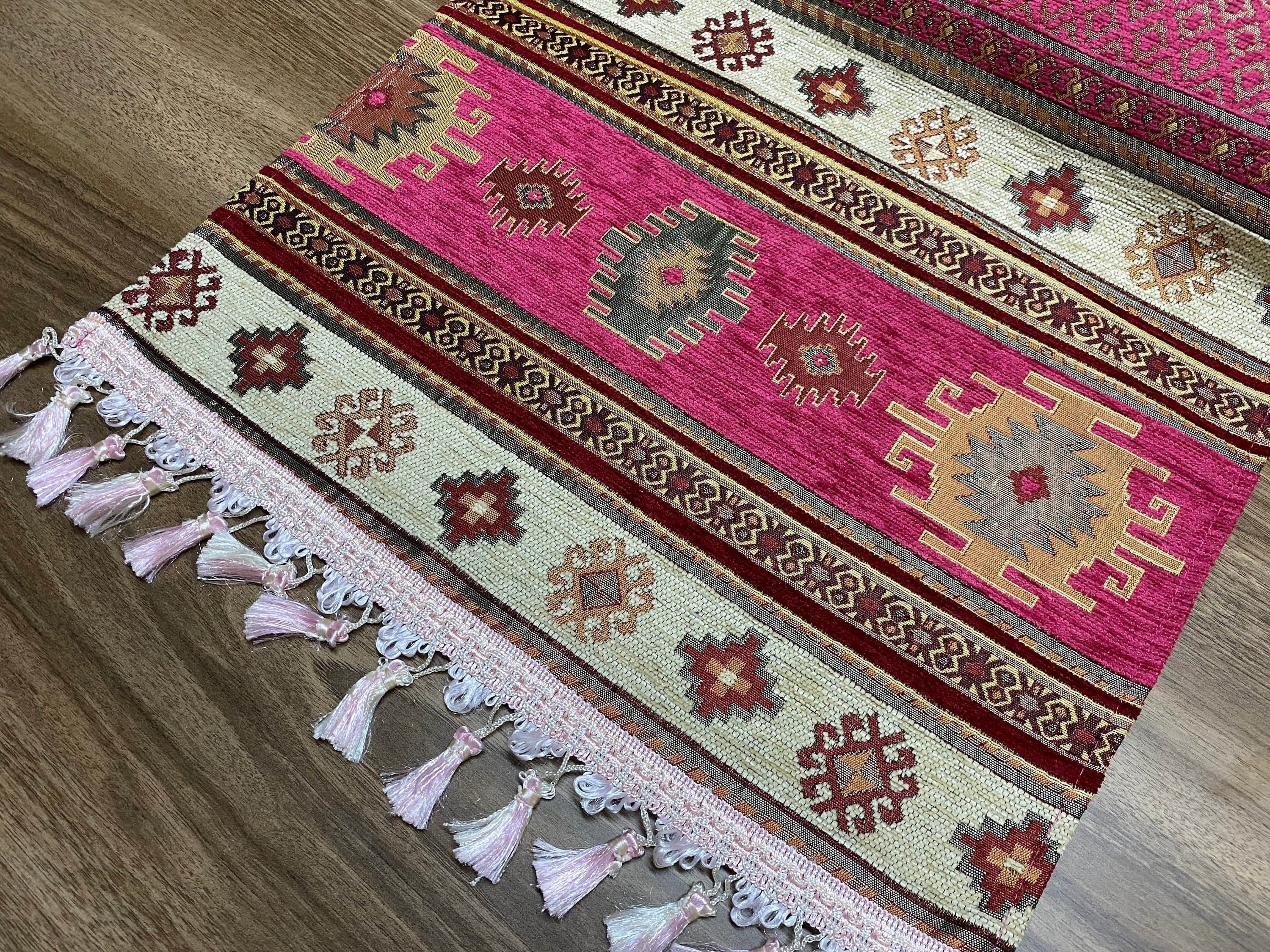 Fuchsia Kilim Pattern Turkish Coffee Table Cloth Runner, Aztec Boho Wedding Oriental Table Runner, Cream Diner Table Runner, RNR280 - image 5