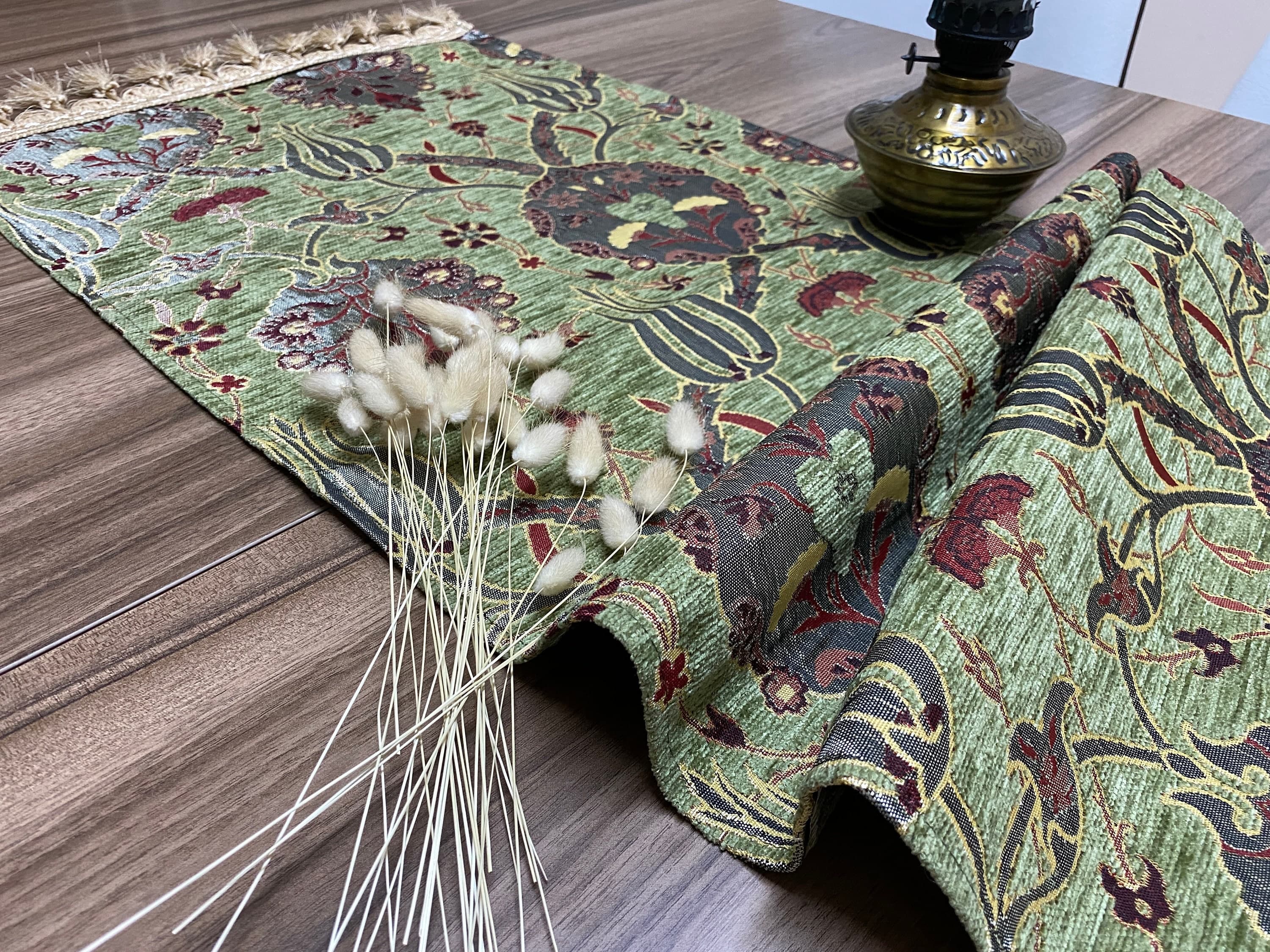 Pistachio Green Tulipl Pattern  Mini Turkish Coffee Table Cloth Runner,  Home Boho Wedding Oriental Table Runner, Diner Table Runner, RNR325