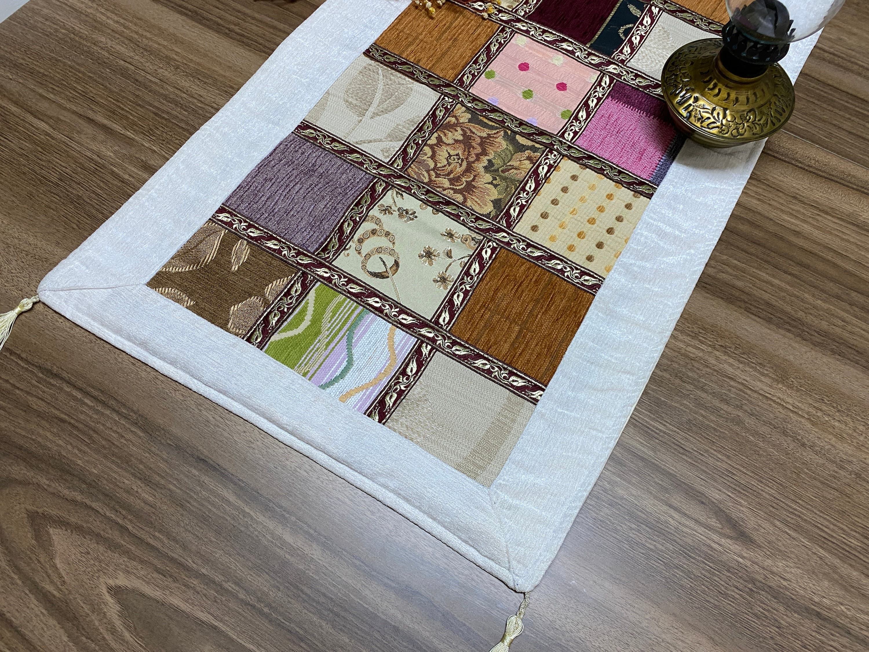 White Patchwork Pattern Turkish Coffee Table Cloth Runner, Small  Boho Wedding Oriental Table , Diner Table Runner, RNR353 - image 5