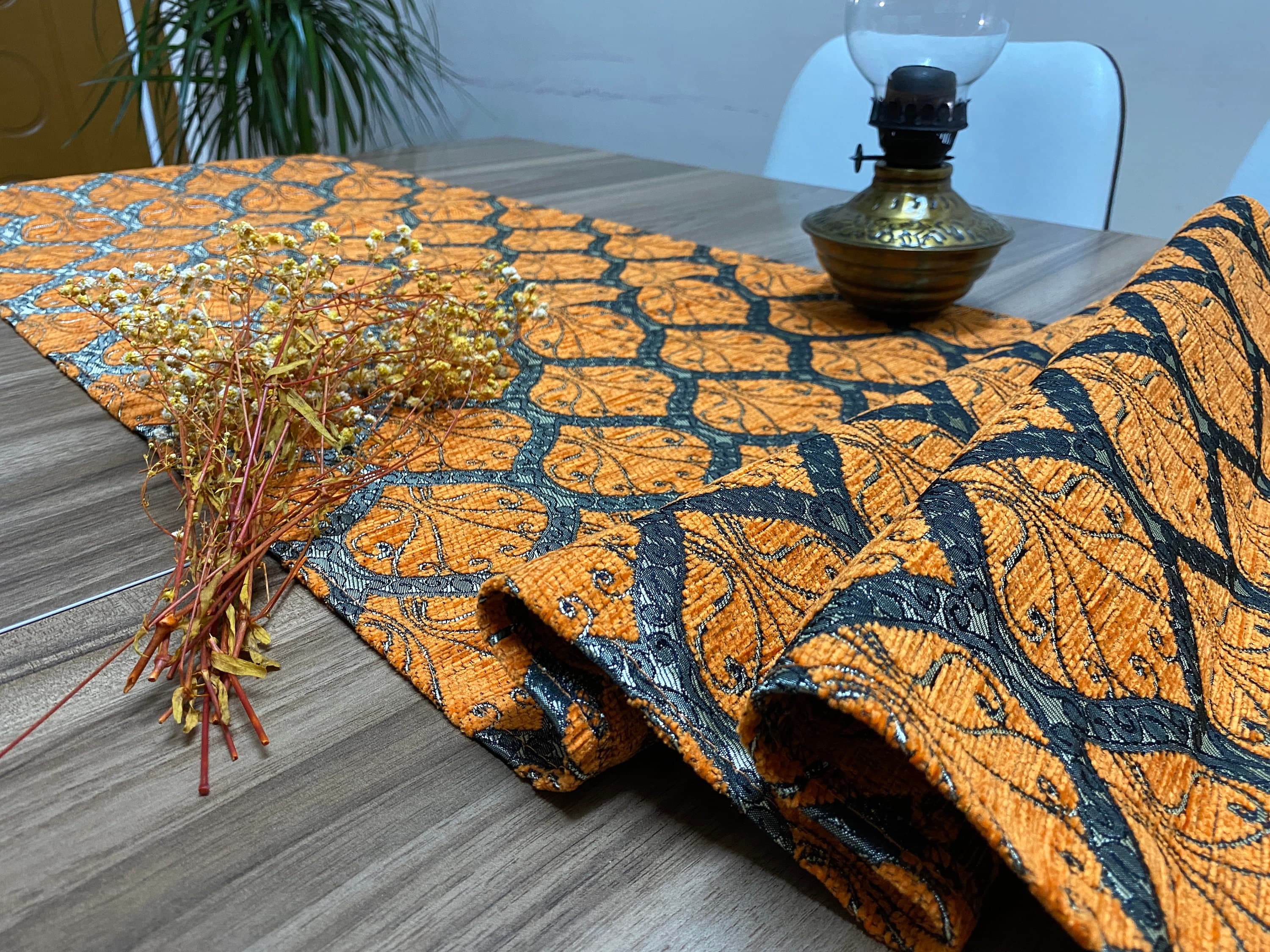 Orange Peacock Tail Pattern Turkish Coffee Table Cloth Runner, Home Boho Wedding Oriental Table Runner, Chemin de Table Rustique, RNR413 - image 4