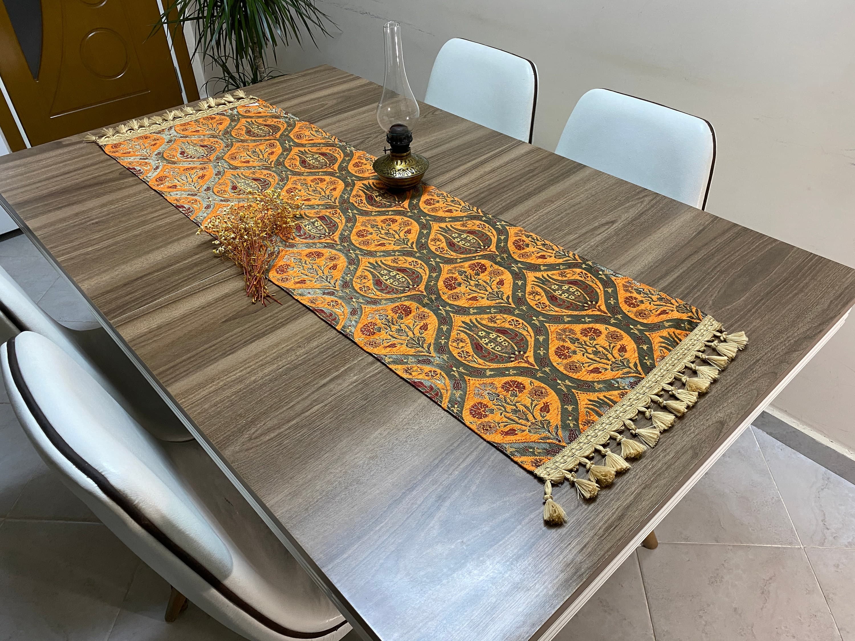 Orange Tulip Pattern Turkish Coffee Table Cloth Runner,  Carnation Boho Wedding Oriental Table Runner, Diner Table Runner Cloth, RNR265