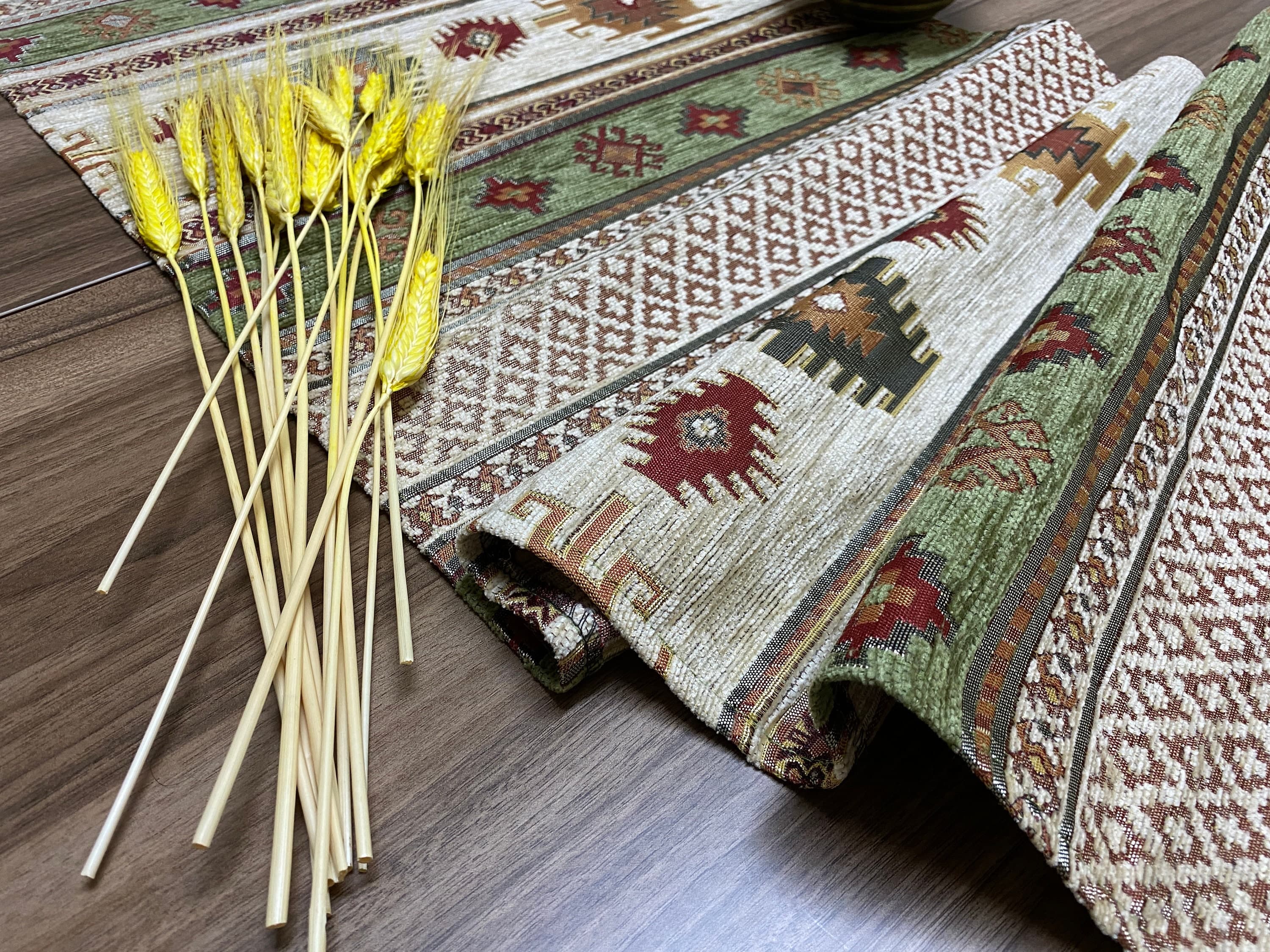 Green Kilim Pattern Turkish Coffee Table Cloth Runner,  Aztec Boho Wedding Oriental Table Runner, Cream Diner Table Runner, RNR277 - image 4