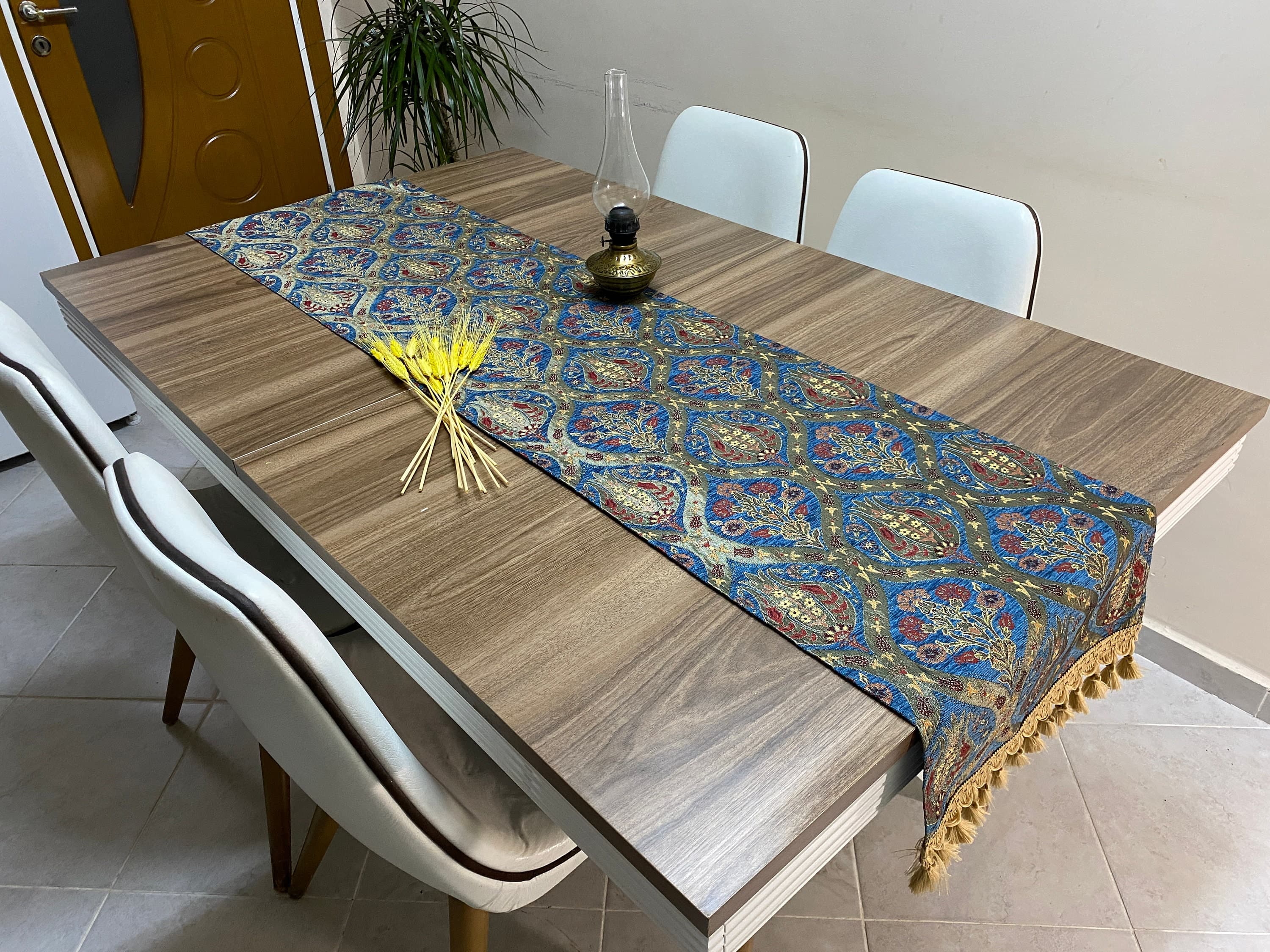 Blue Tulip Pattern Turkish Table Runner, Long Boho Wedding Table Decor, Red Carnation Farmhouse Rustic Table Runner, RNR371