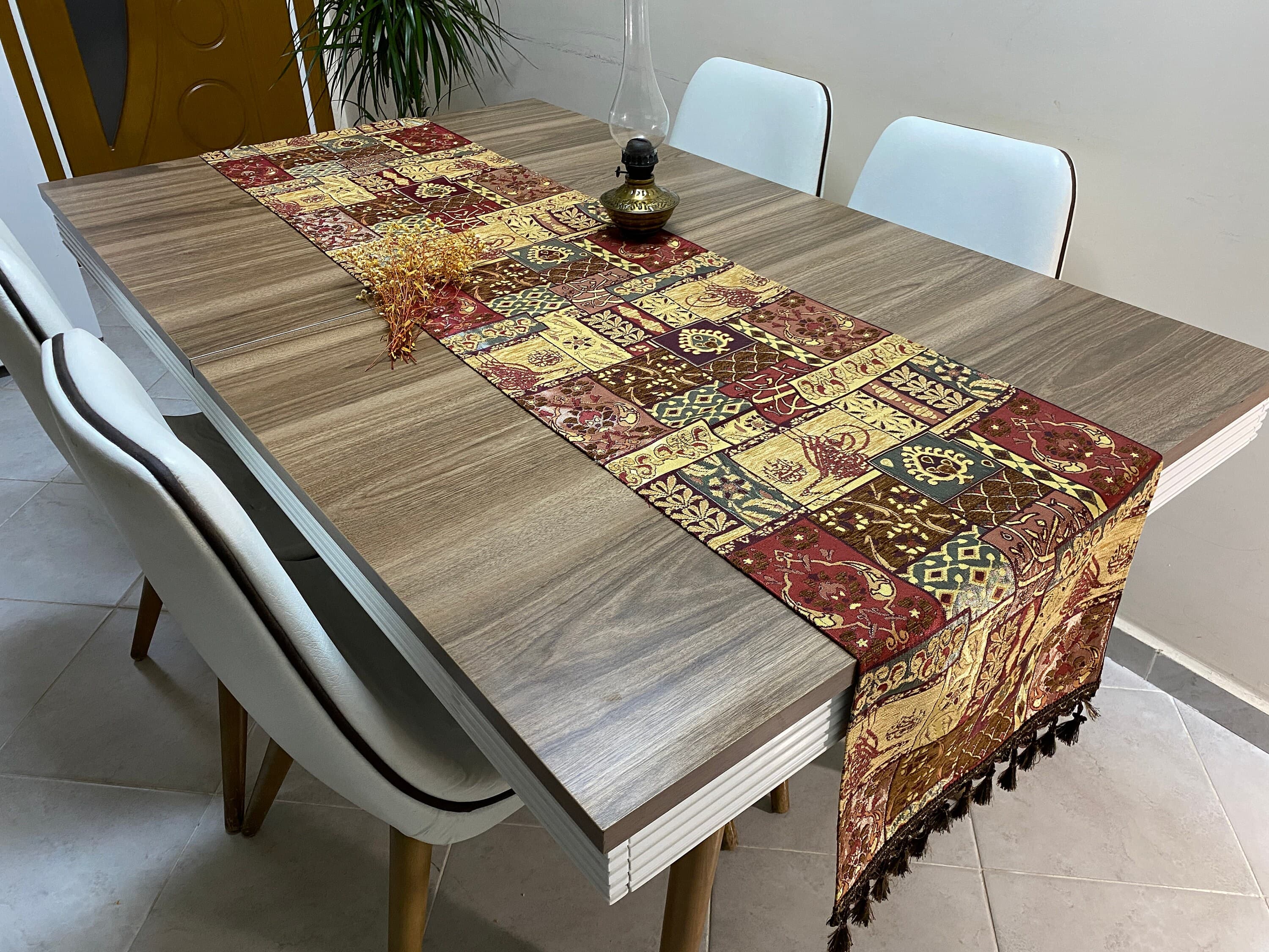 Brown Ottoman Pattern Turkish Coffee Table Cloth Runner,  Home Boho Wedding Oriental Table Runner, Long Gray Diner Table Runner, RNR418
