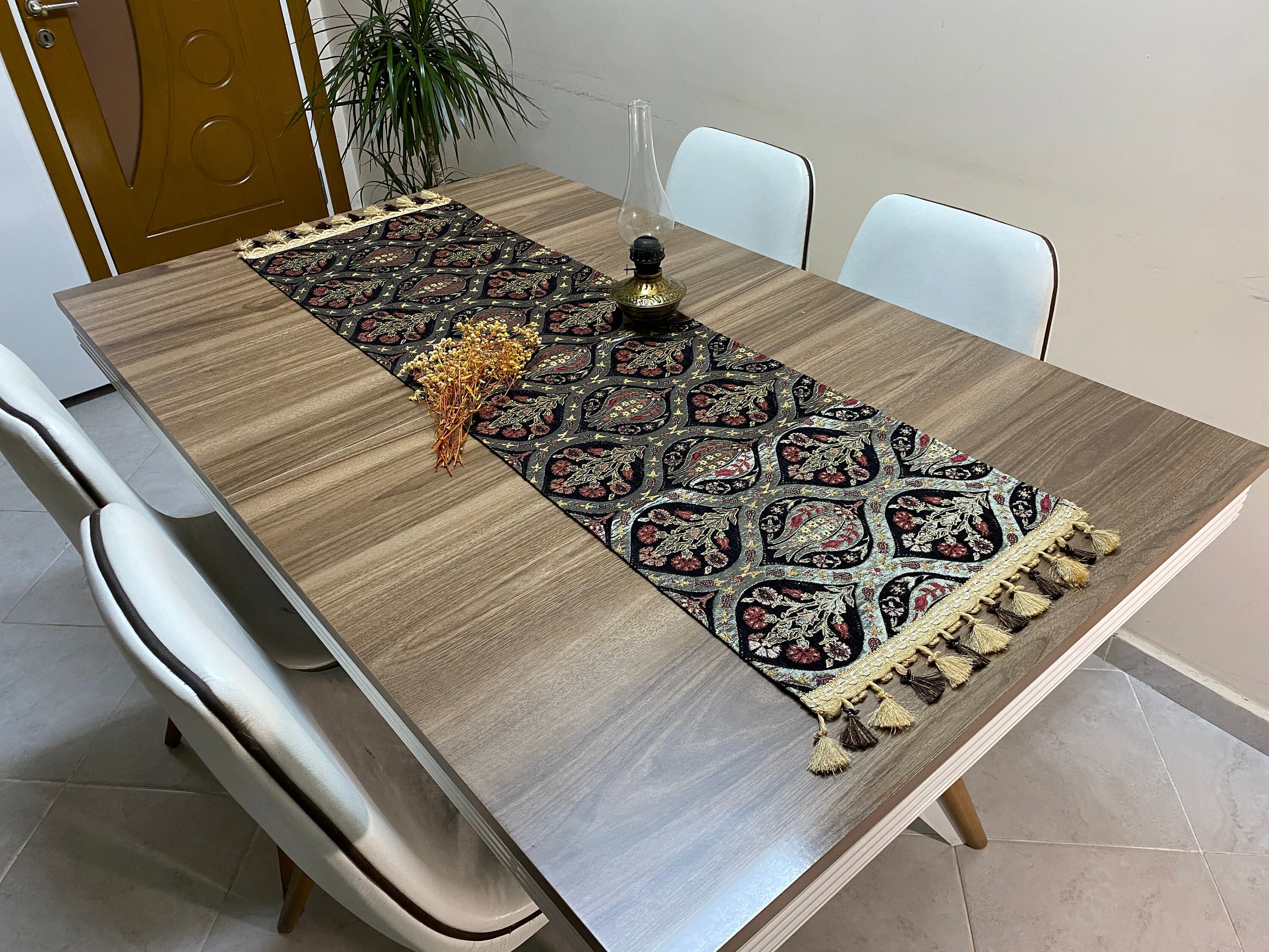 Black Tulip Pattern Turkish Coffee Table Runner,  Carnation Bohemian Wedding Oriental Table Runner, Diner Table Runner Cloth, RNR258 - image 3