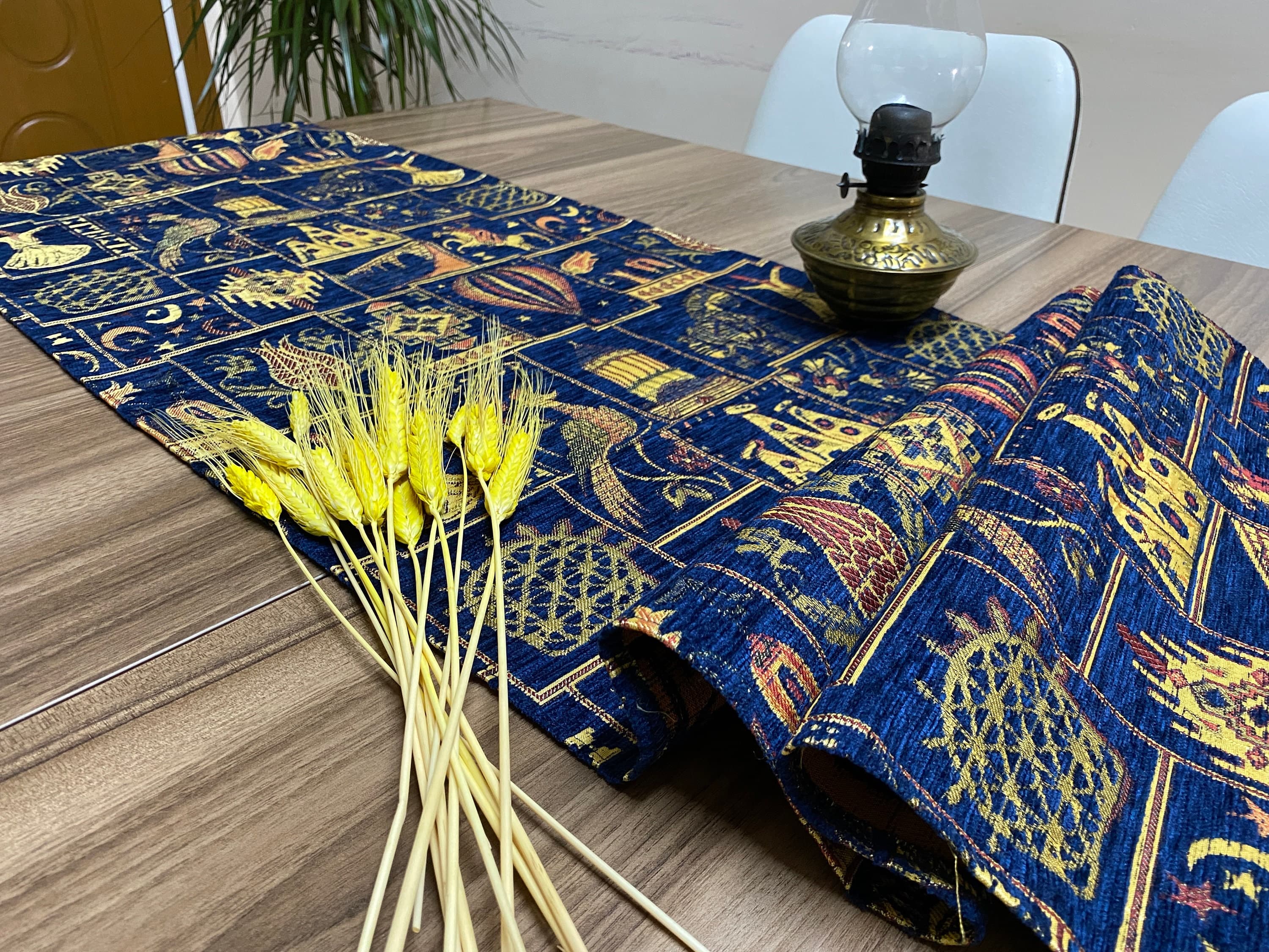 Dark Blue Tulip Pattern Turkish Table Runner, Long Boho Wedding Table Decor, Gray Cappadocia Farmhouse Rustic Table Runner, RNR377 - image 4