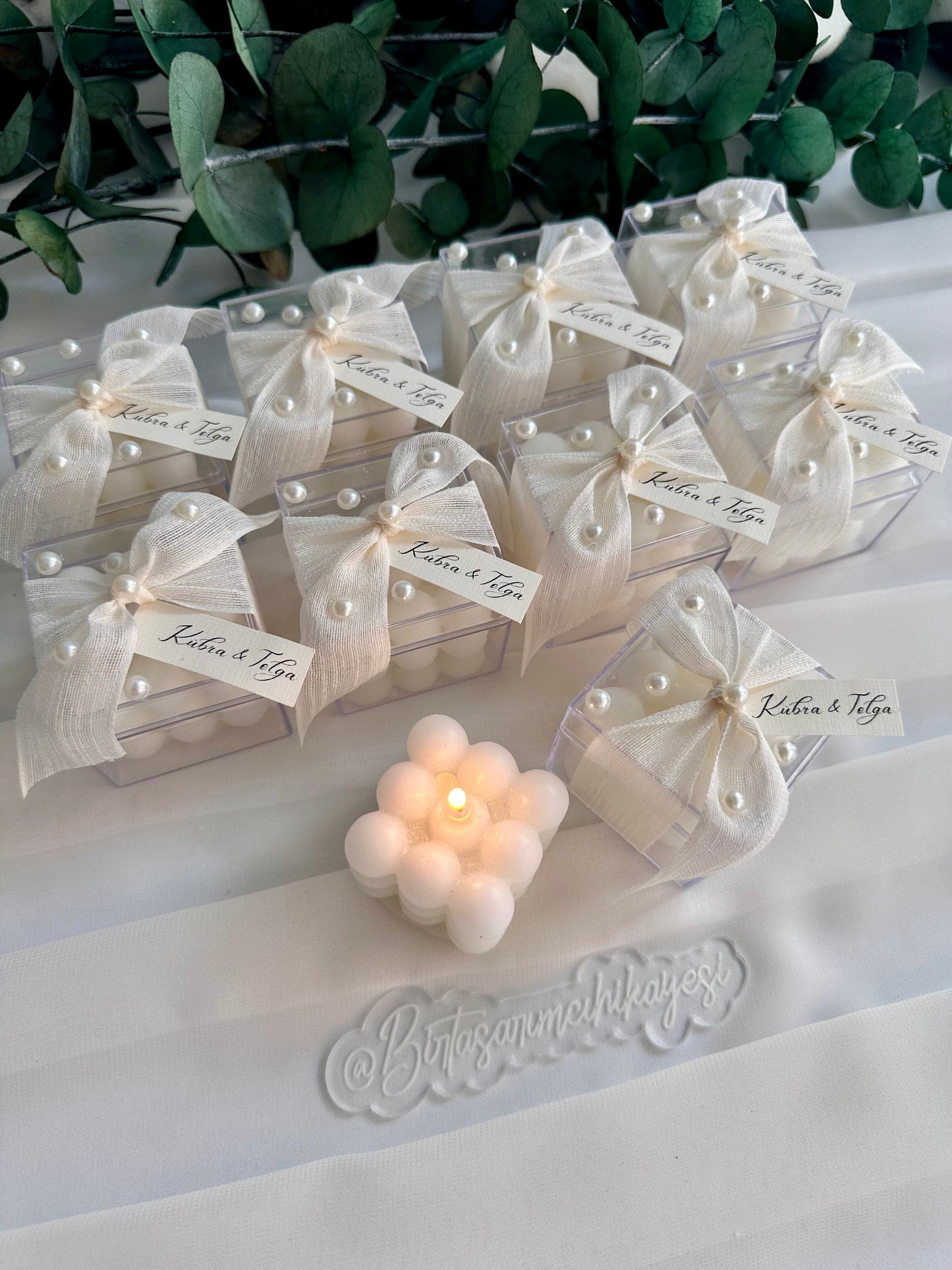 Pearl Decorated Bubble Candle, Boxed Wedding Favor