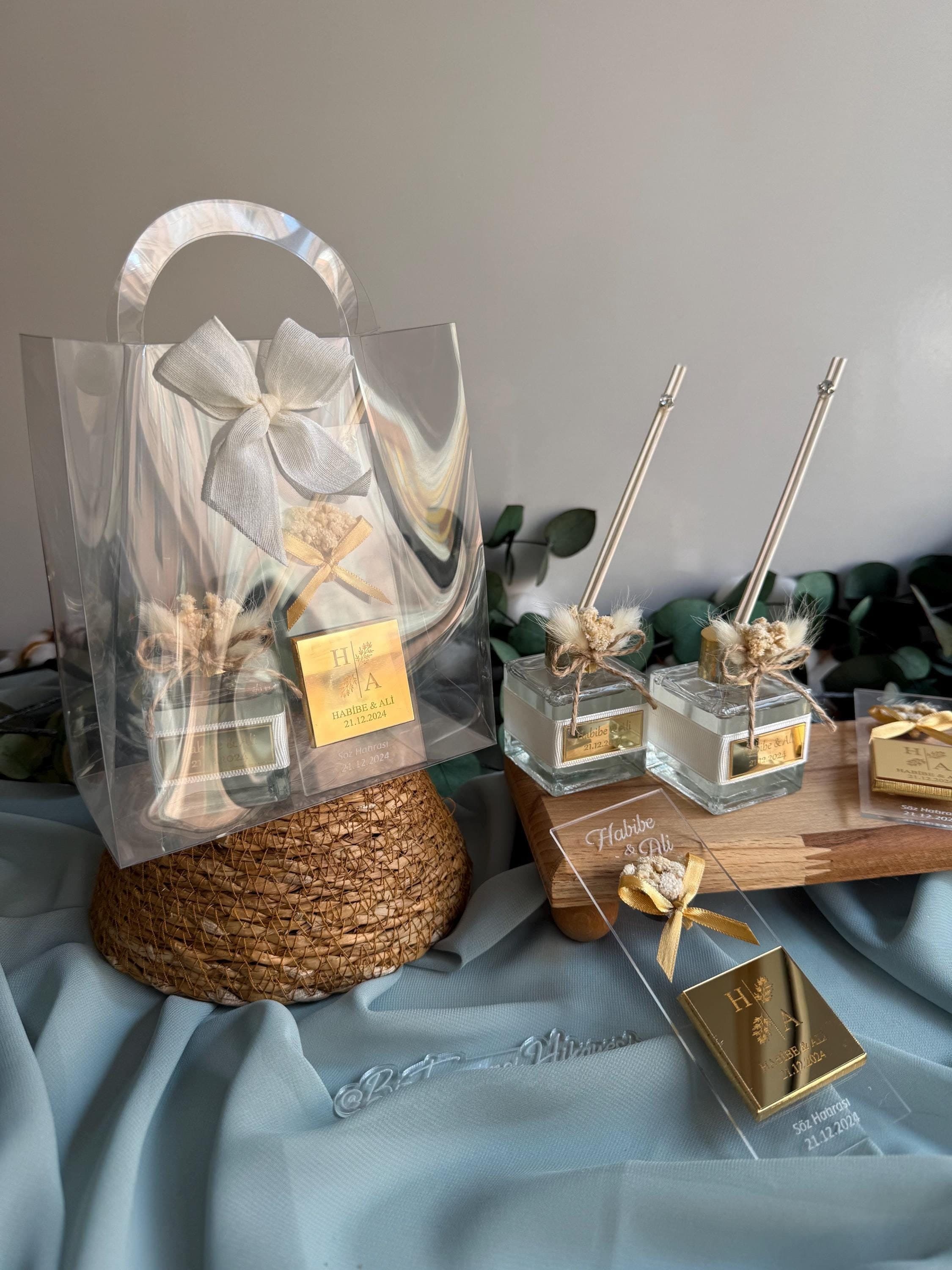 Personalized Wedding Favor Set: Room Fragrance Bottle, Chocolate Magnet