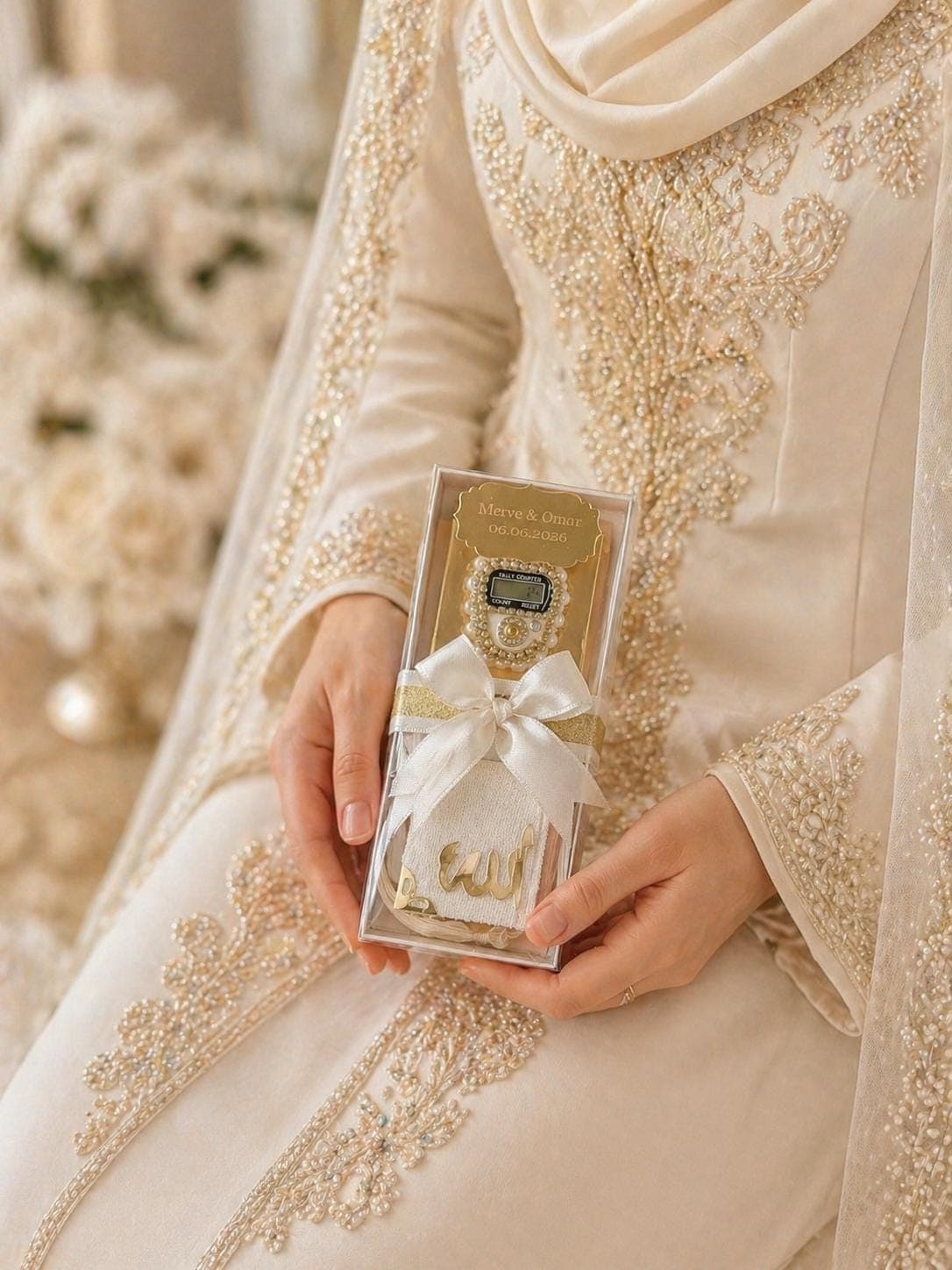 Personalized Islamic wedding favor: Mini Quran and prayer counter in a box - image 3