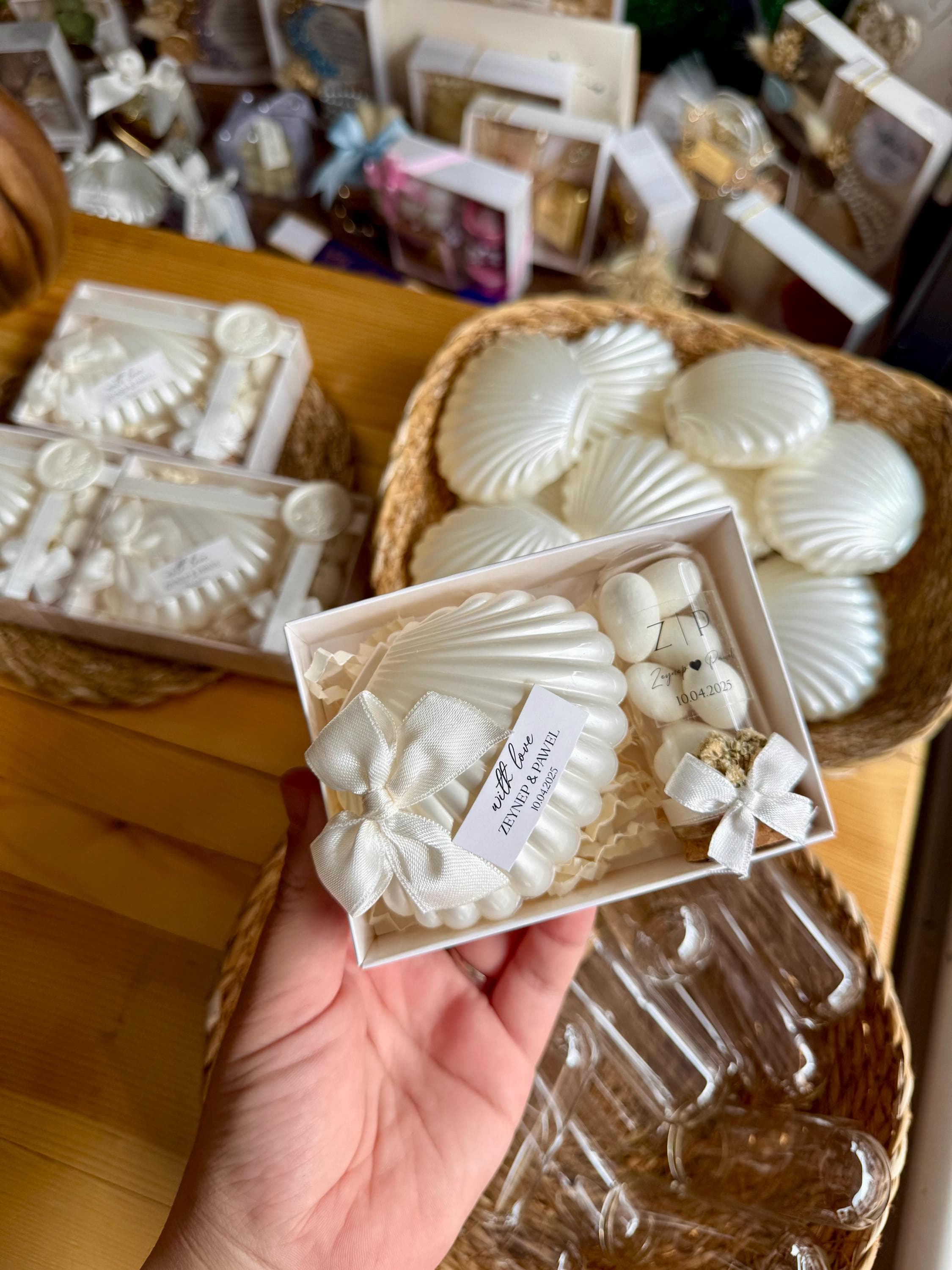 Oyster candle and almond candy in a box; personalized candle gifts, wedding favors
