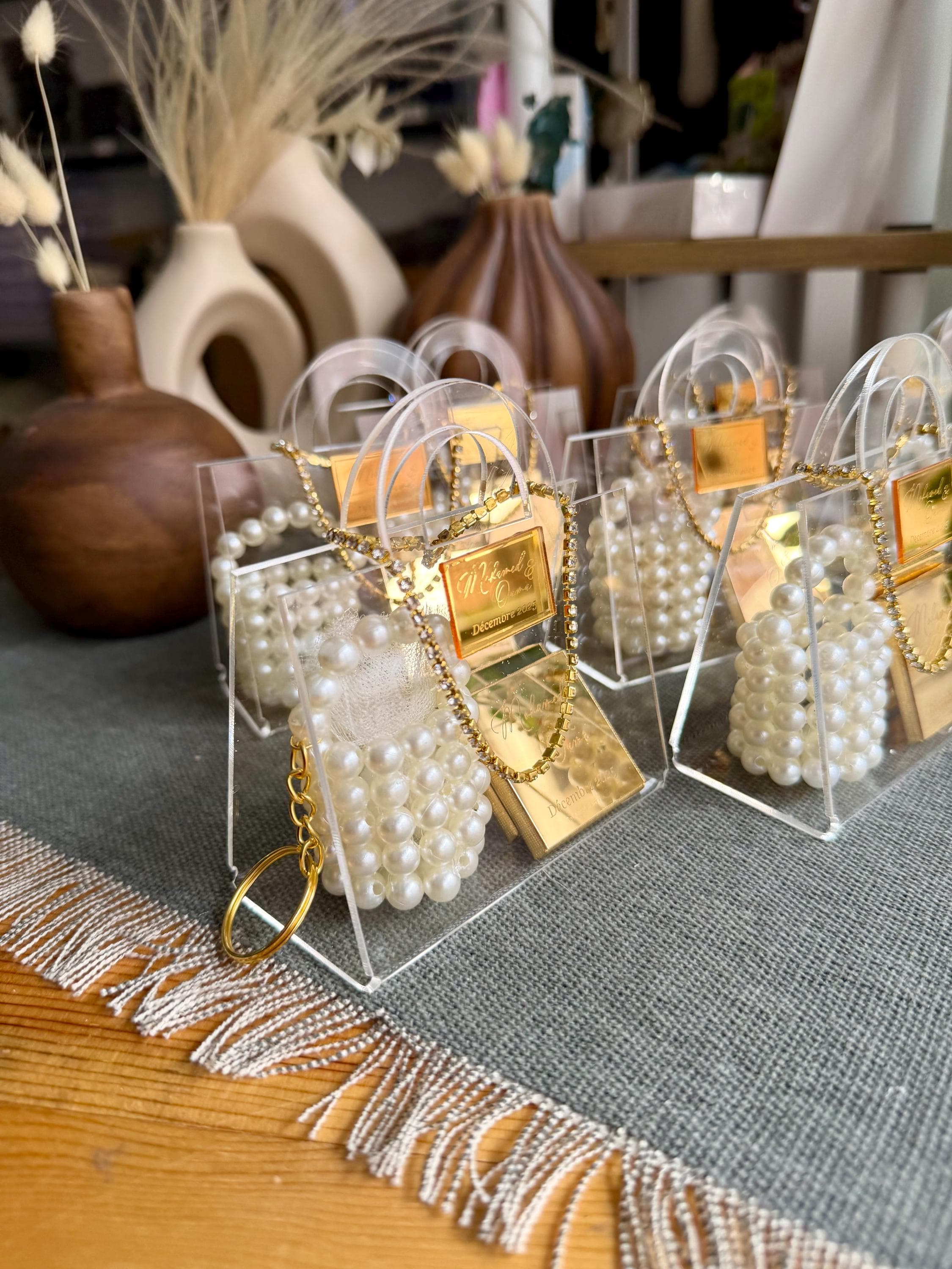 Pearl Bag Wedding Favor with Madeleine Chocolates