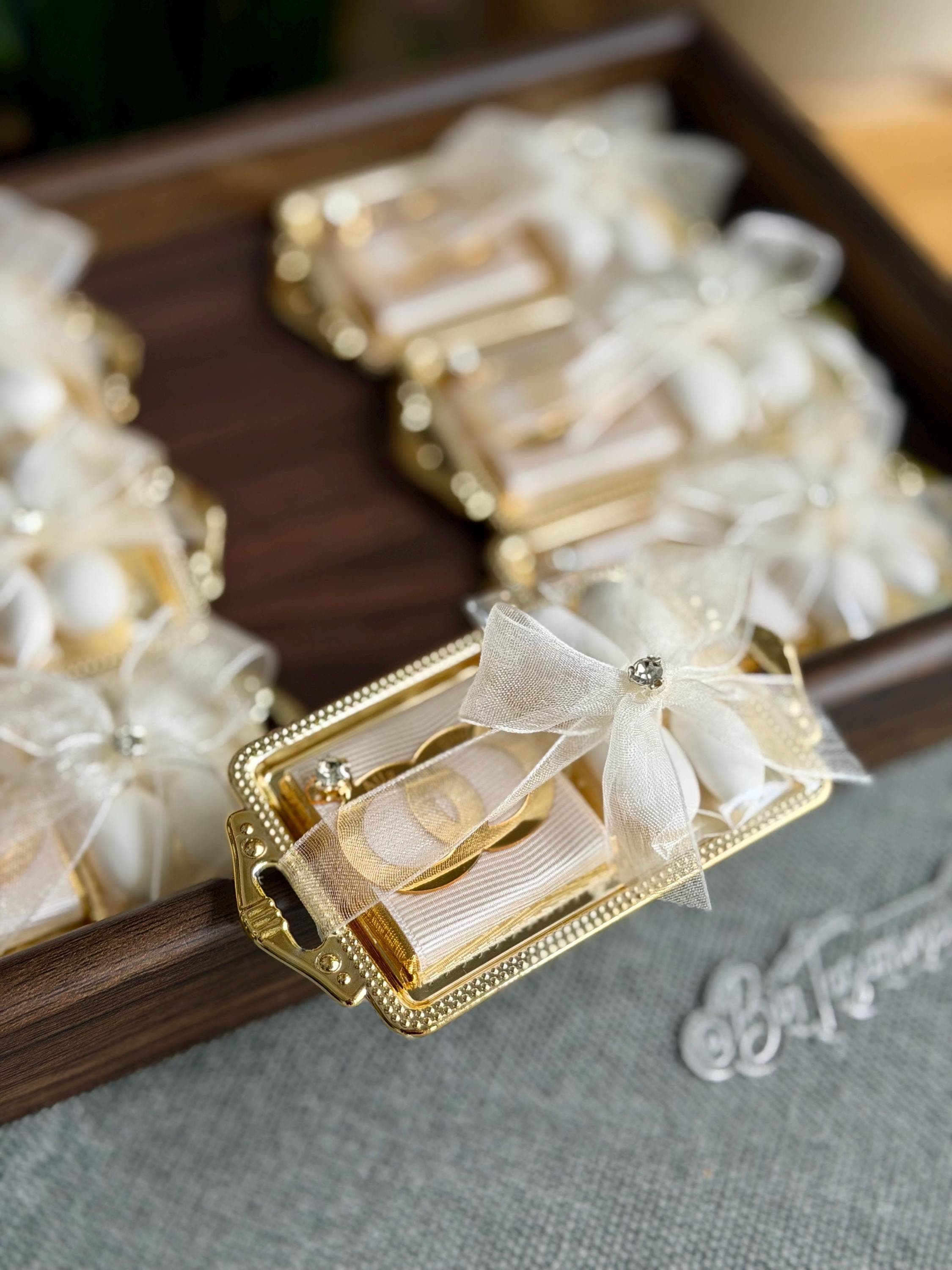 Mini tray of chocolate and almond candies; Personalized wedding favors