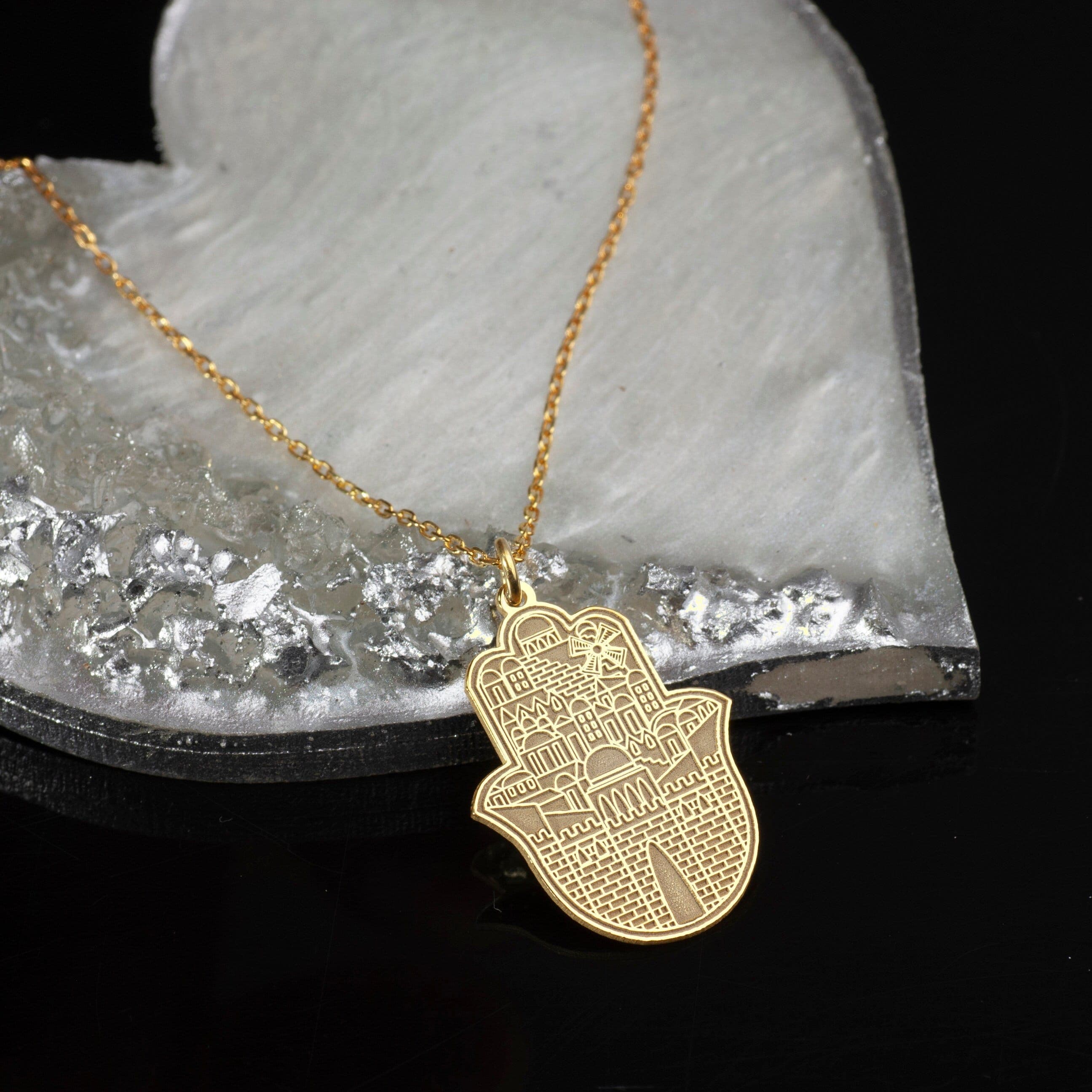 Hamsa Necklace: 24K Gold-Plated Fatima's Hand, Jerusalem Design
