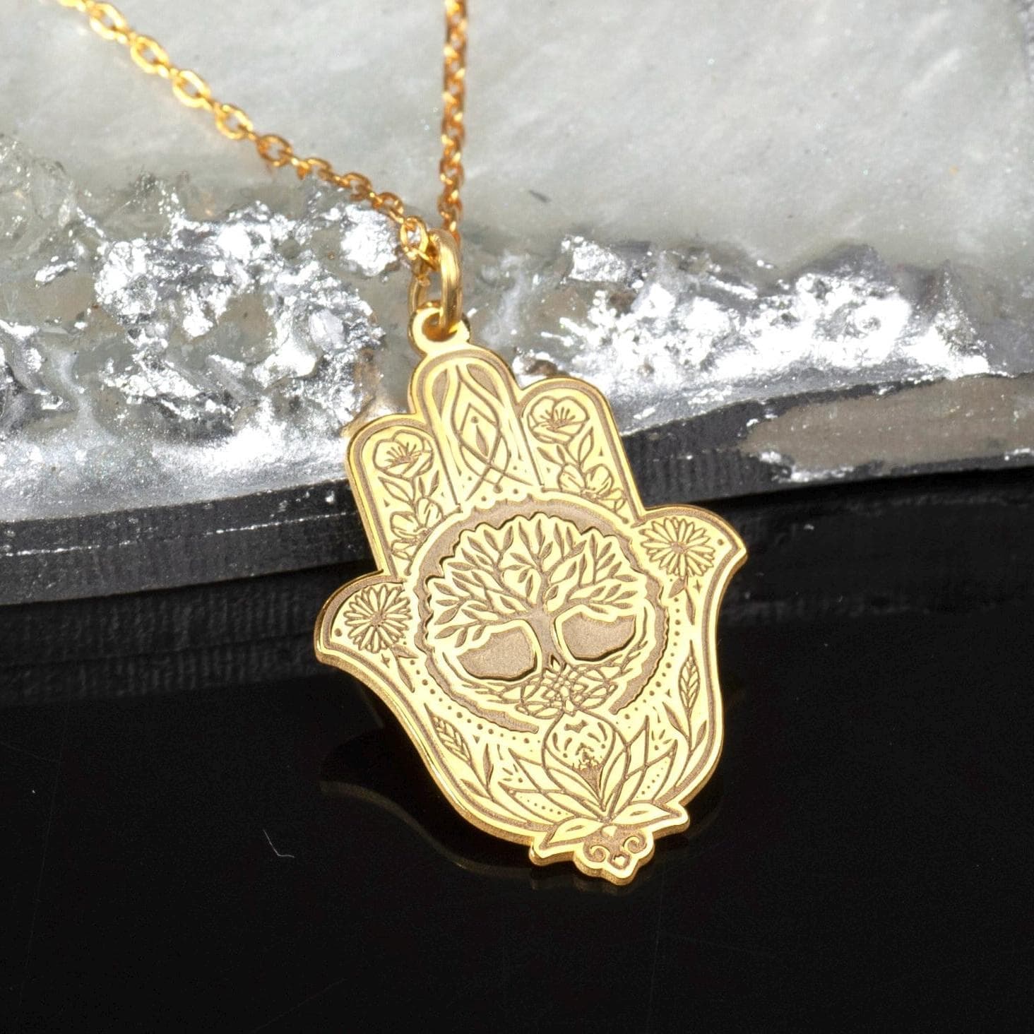 Hamsa Tree of Life Necklace: 24K Gold & Rose Plated Silver Evil Eye Pendant