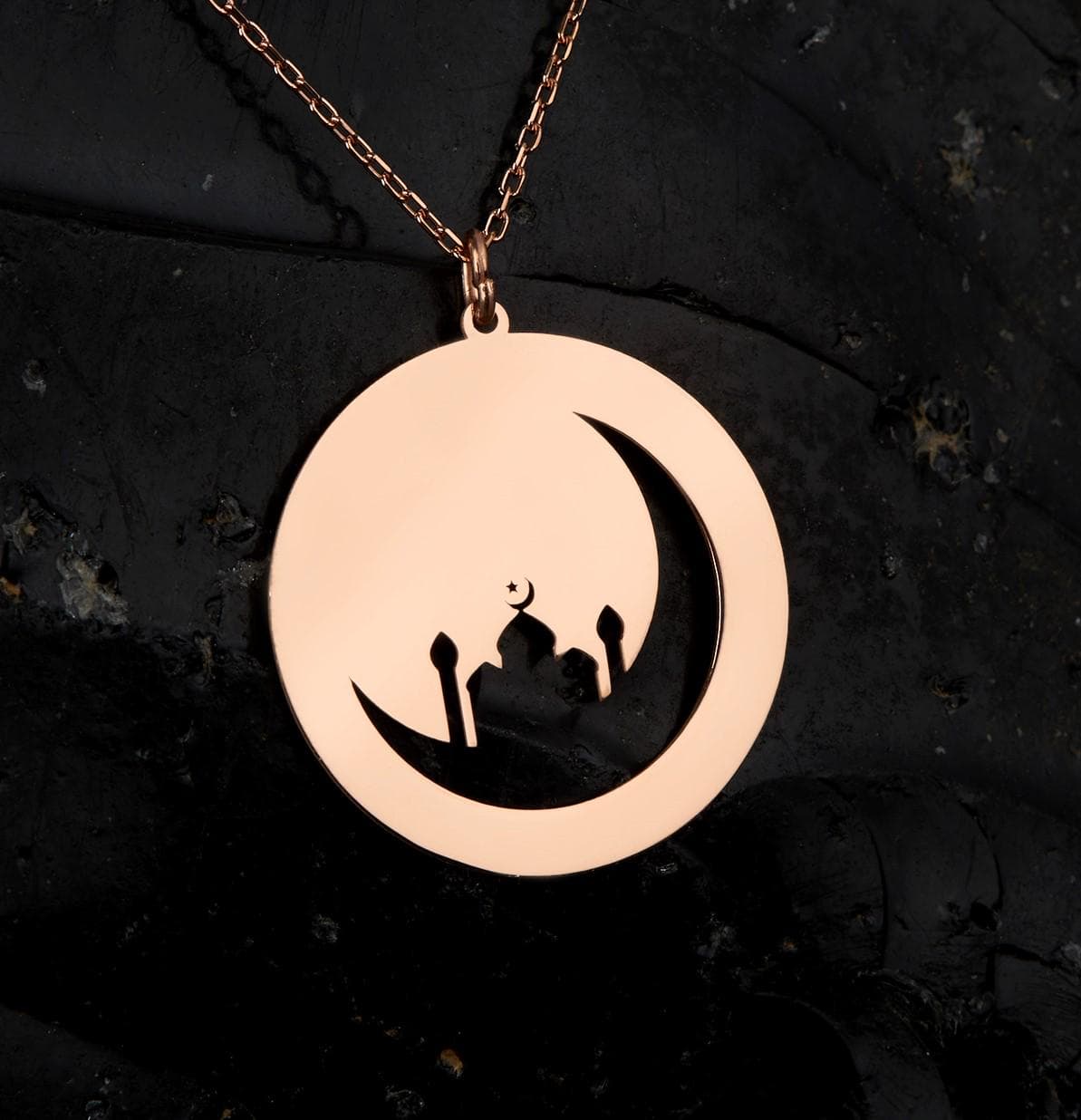Islamic Mosque Moon Necklace: Gold Plated 925 Sterling Silver Ramadan Eid Gift