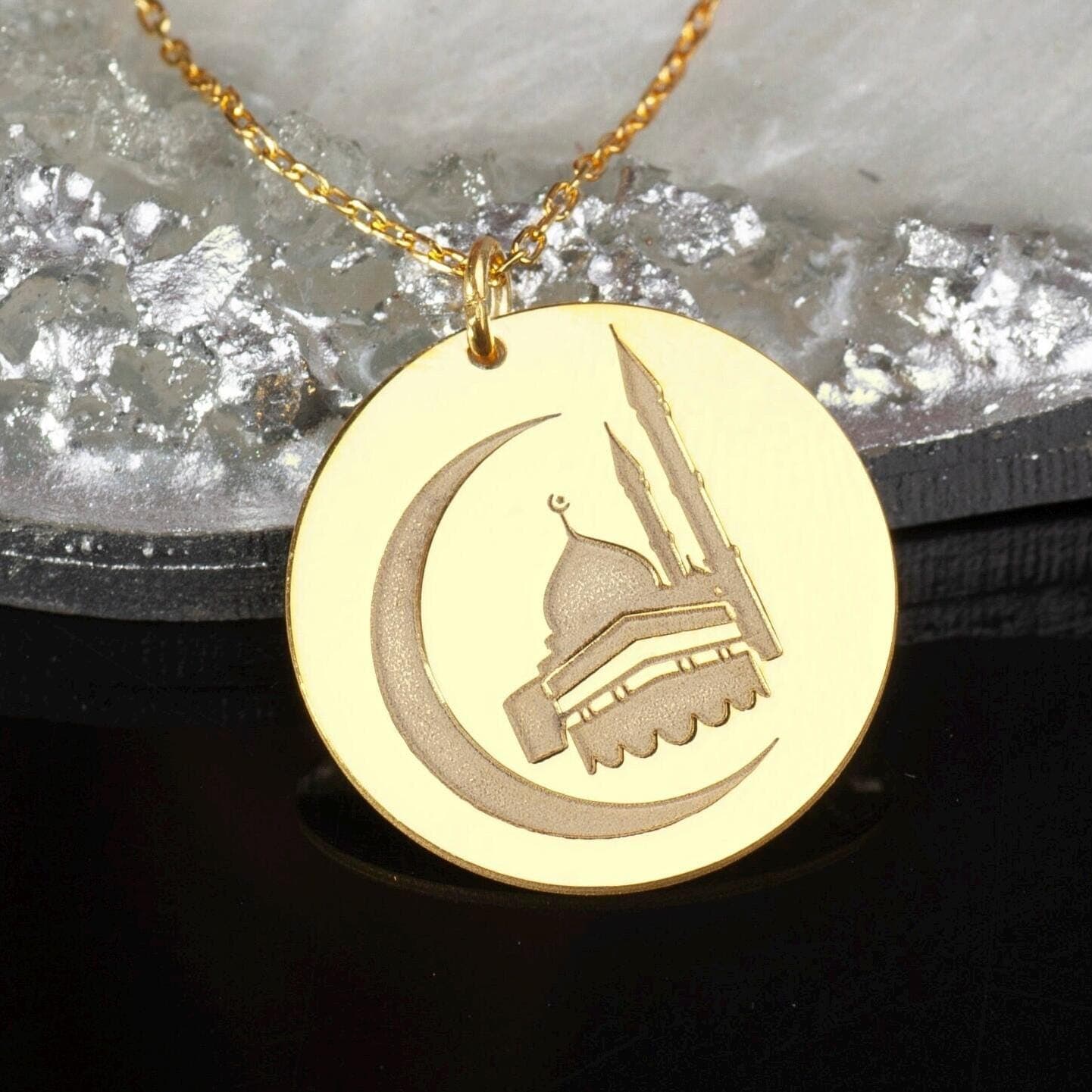 Mosque Moon Necklace: 24K Gold Islamic 925 Sterling Silver Pendant