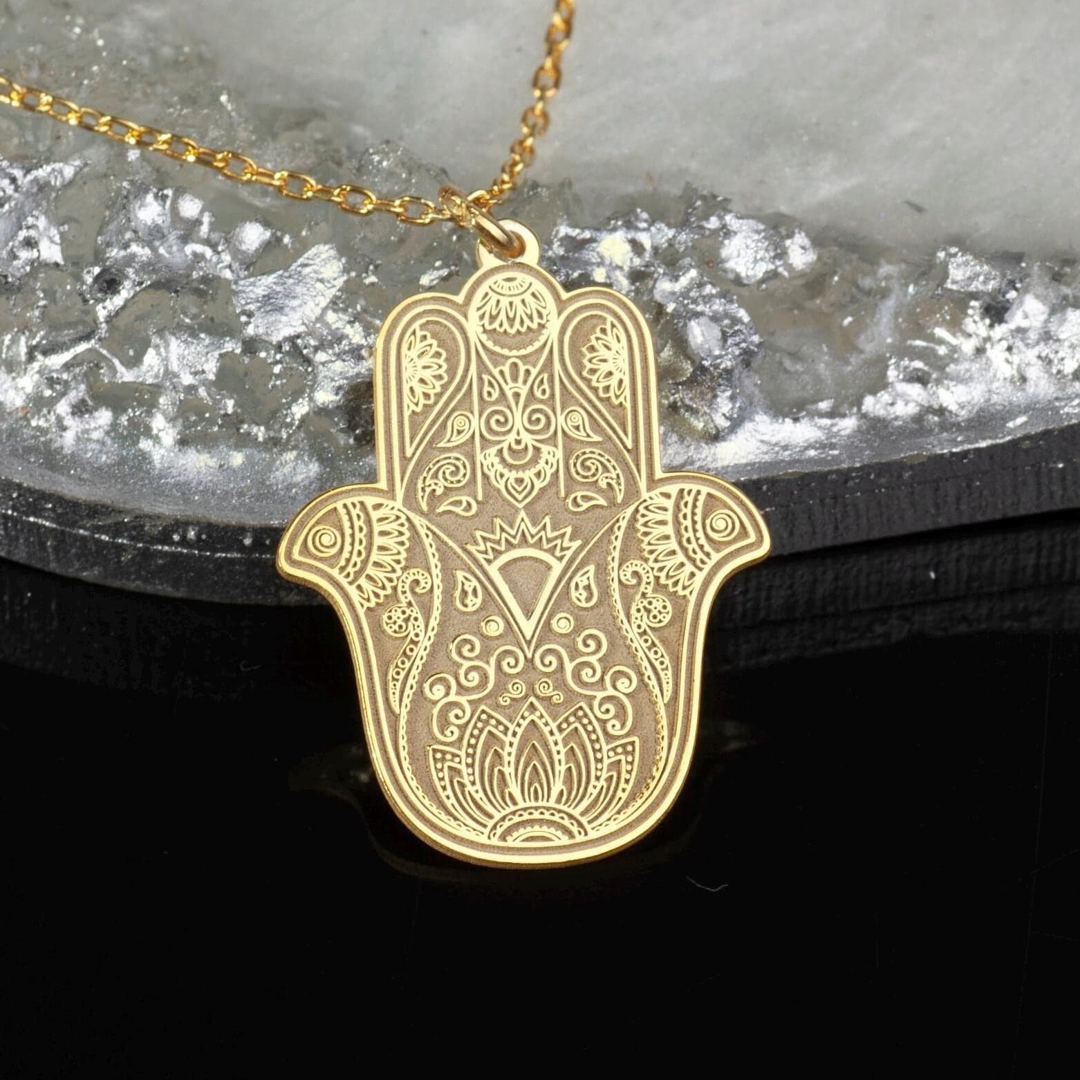 Hamsa Mandala Pendant Necklace: 24K Gold Plated Sterling Silver Amulet