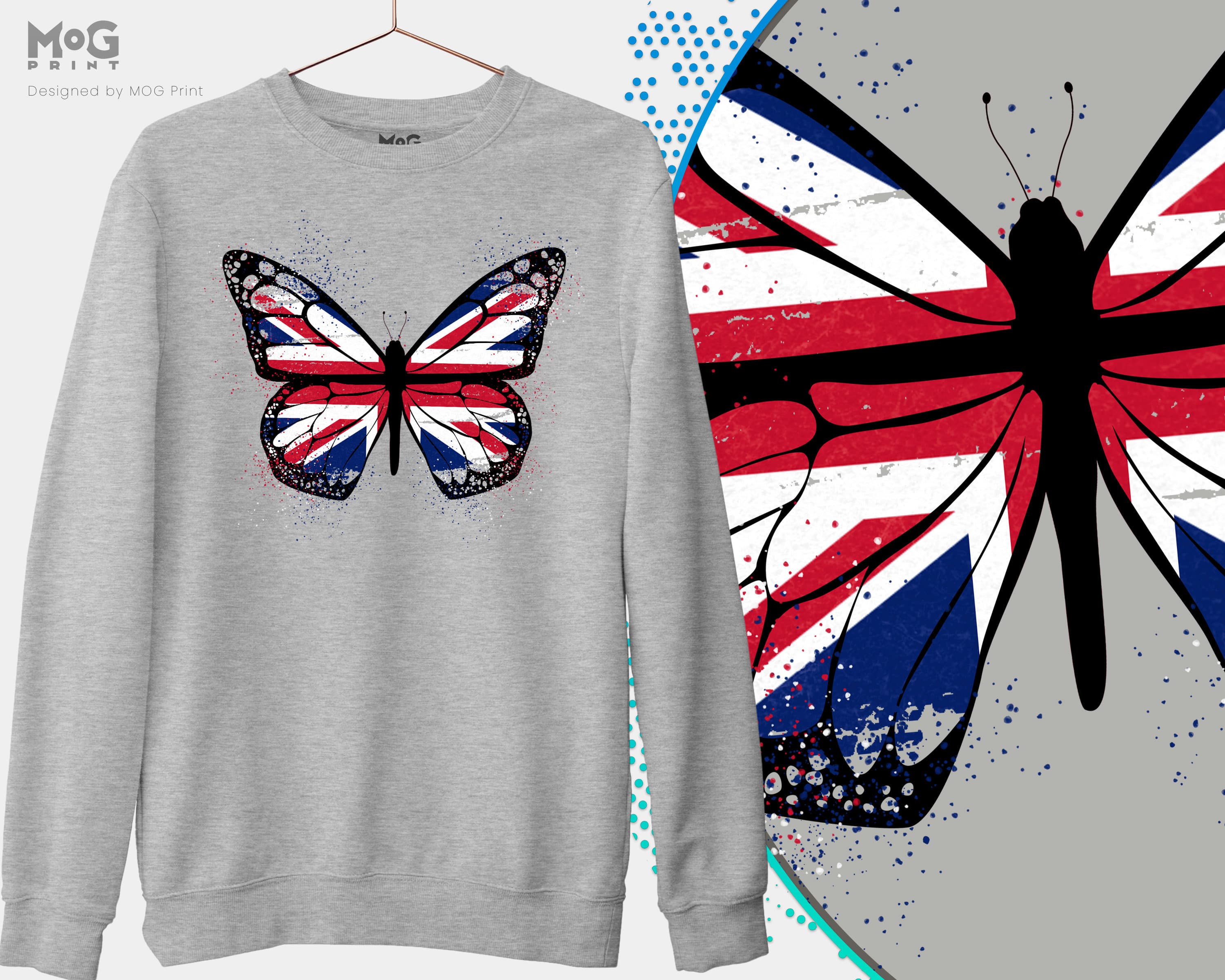 Butterfly Union Jack Flag Sweatshirt, Union Jack Jumper, Women's England London Fashion United Kingdom Sweater, Great Britain Ladies Jumper