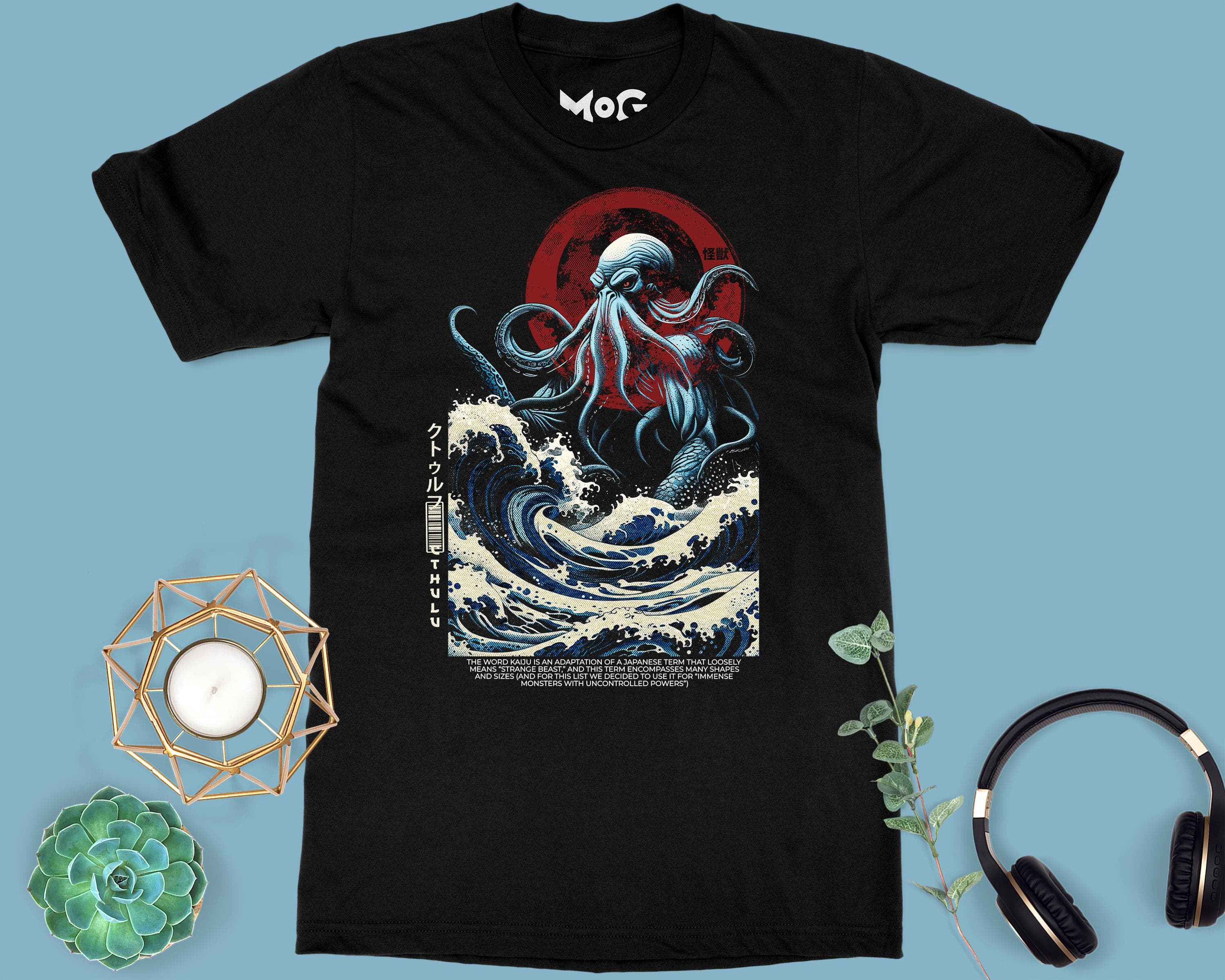 Cthulhu Mythic Octopus Monster T-shirt, Gothic Horror HP Lovecraft Tee, Japanese Hokusai The Great Wave Scary Tentacles Beast Unisex Shirt