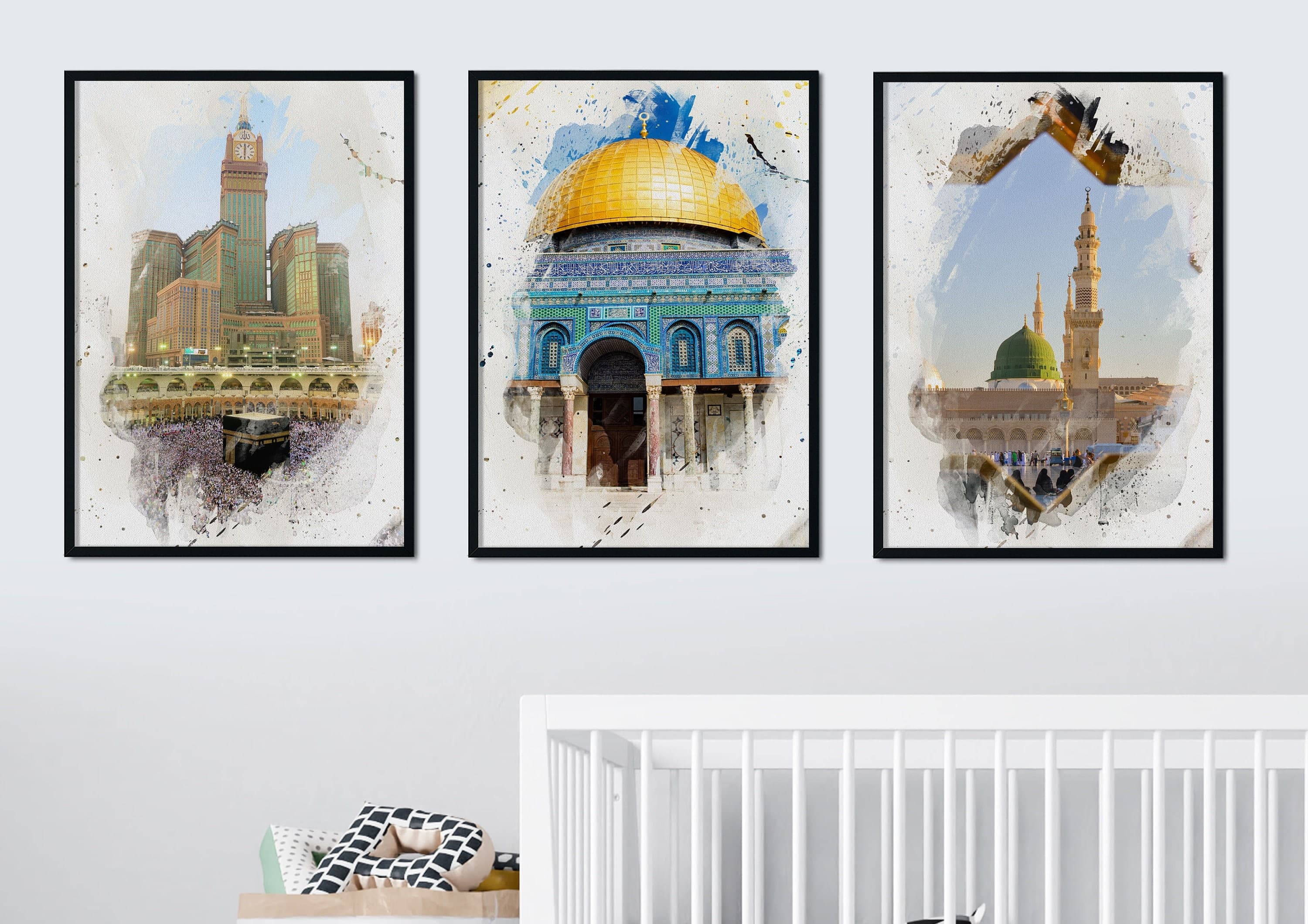 Watercolour Islamic Art Ramadan Eid Posters | 3 Islamic Holy Places | Masjid Al Haram | Masjid An-Nabawi | Masjid Al Aqsa | Wall Art Poster