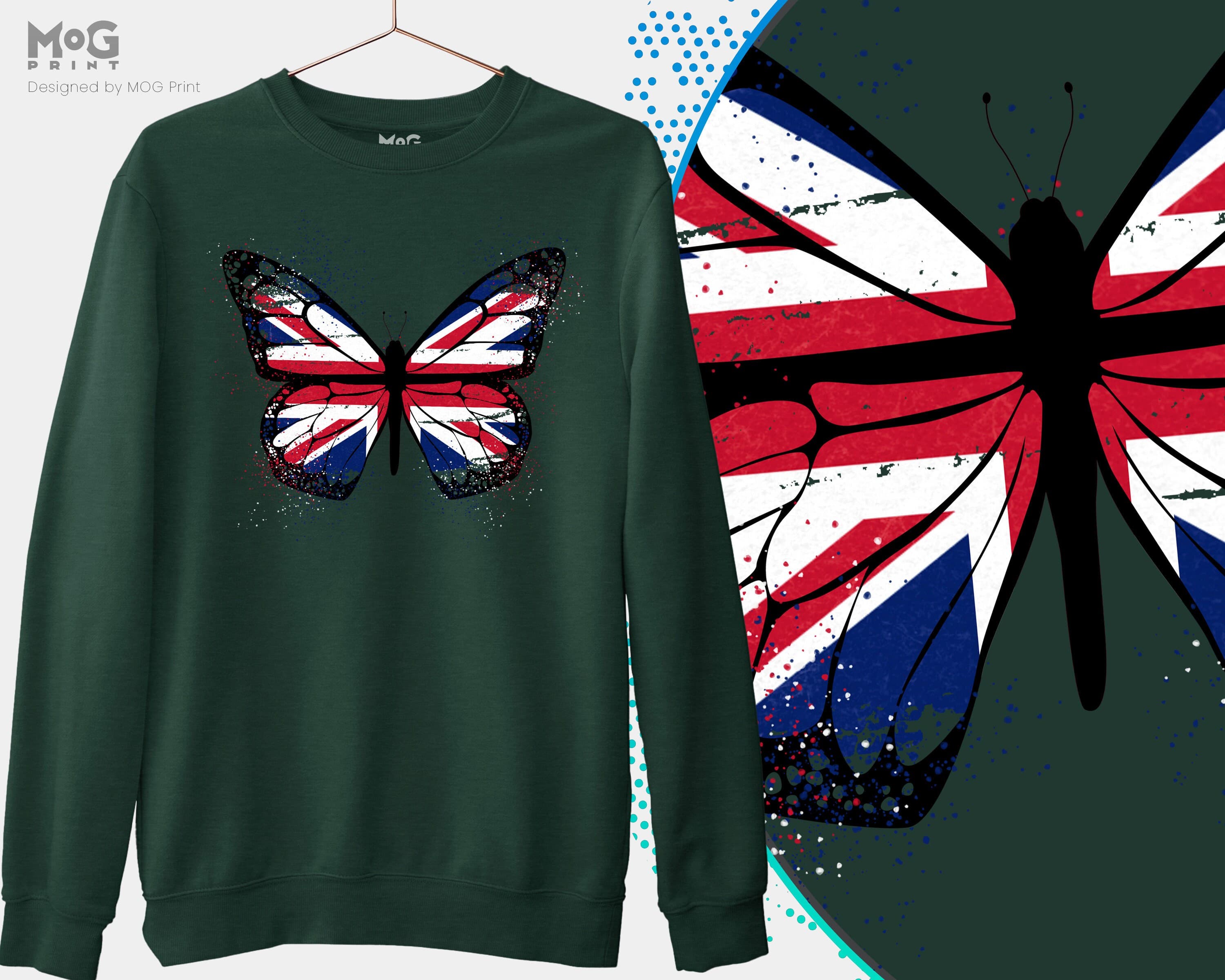 Butterfly Union Jack Flag Sweatshirt, Union Jack Jumper, Women's England London Fashion United Kingdom Sweater, Great Britain Ladies Jumper - image 5