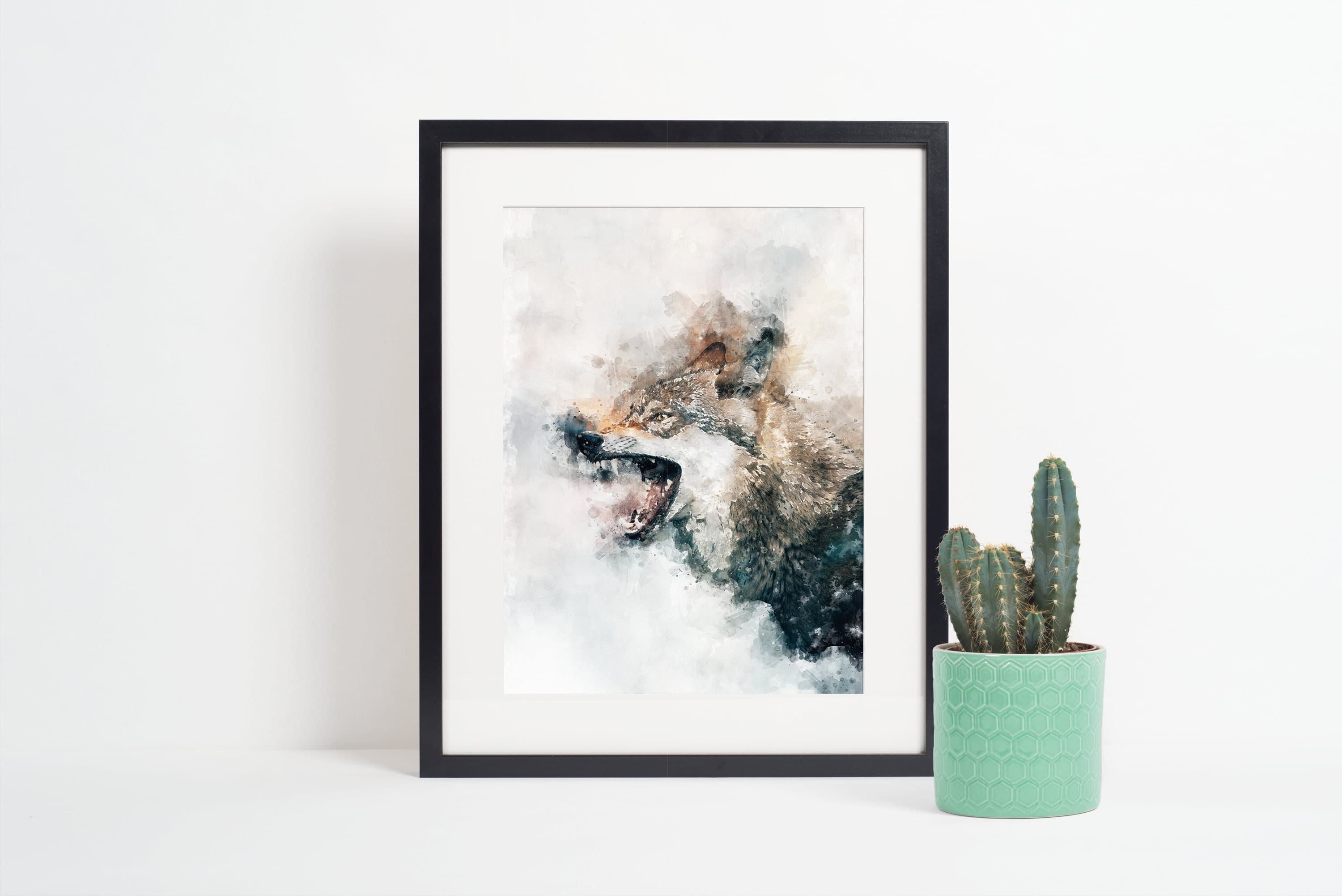Grey wolf poster water art styled alpha fangs large wall art perfect gift home decor | premium quality | animal poster print from a4 - a0
