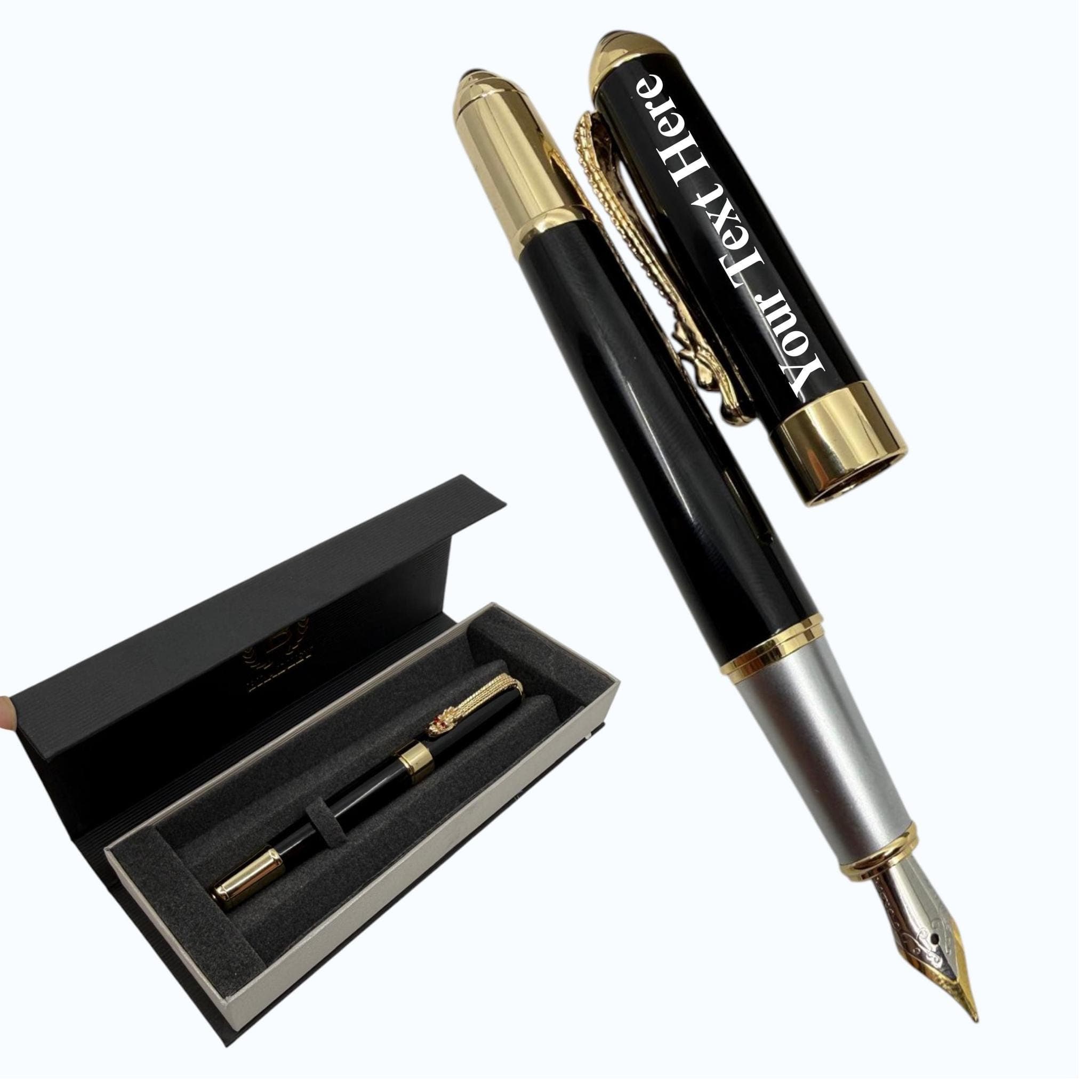 Engraved Fountain Pen - Black & Gold Executive Gift with Luxury Box