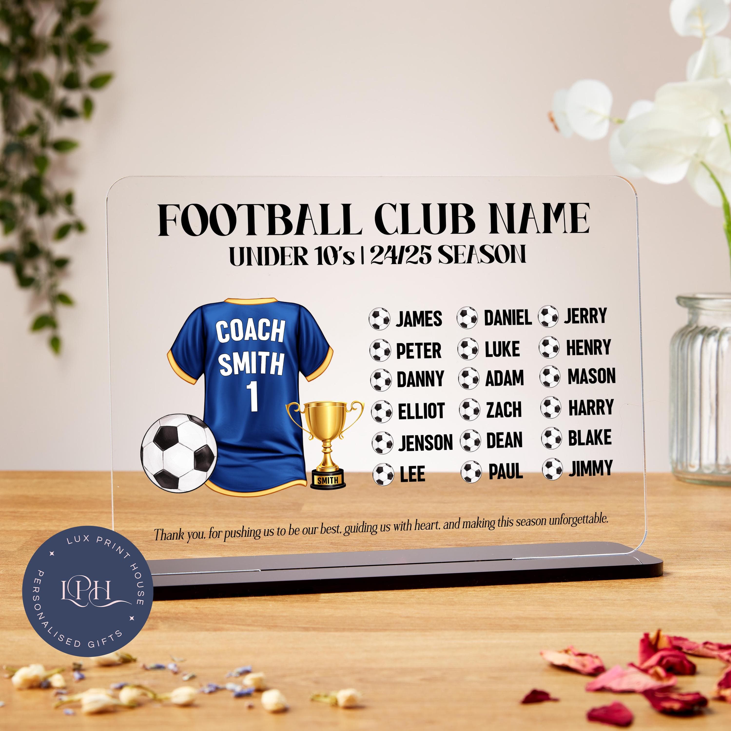 Personalised football coach gift, football manager gift, sports team gift, thank you coach, end of season acrylic plaque, coach appreciation
