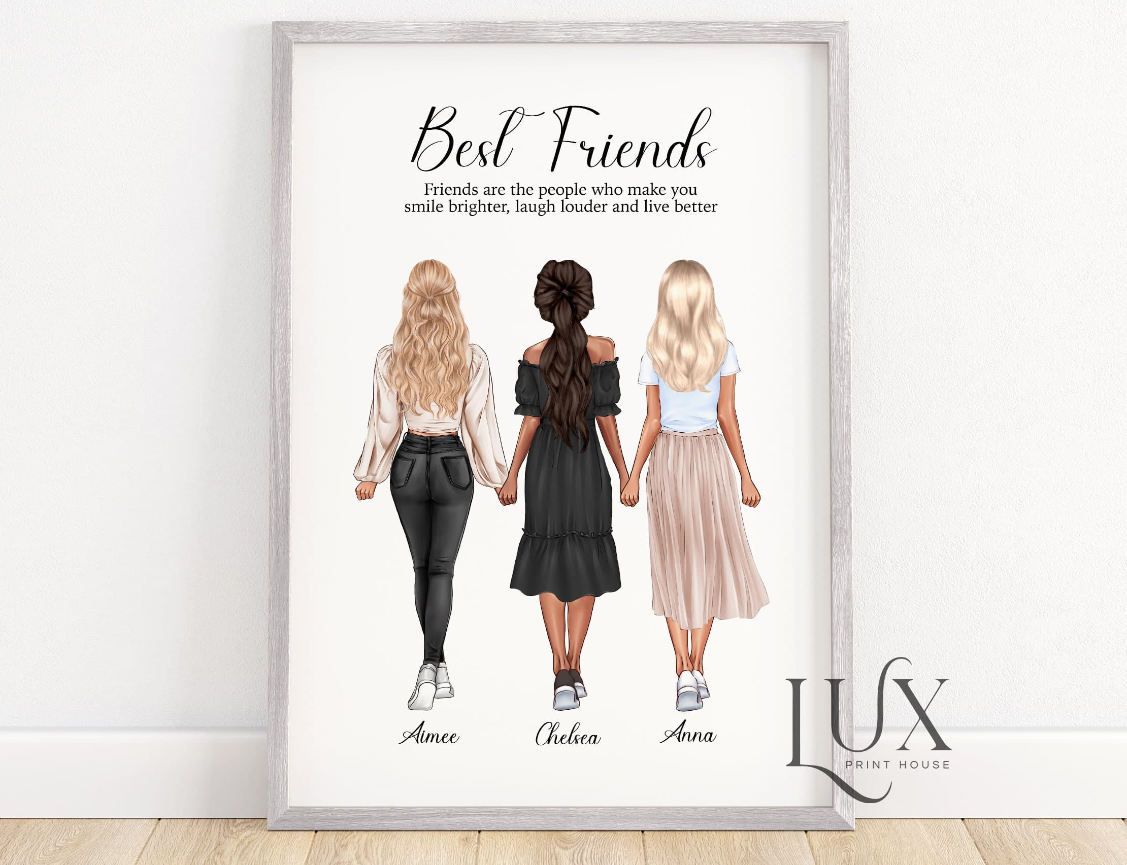 Best friend print, 3 best friend illustration, 30th birthday gift for friend, 3 sisters print, custom friend print, group of friends print