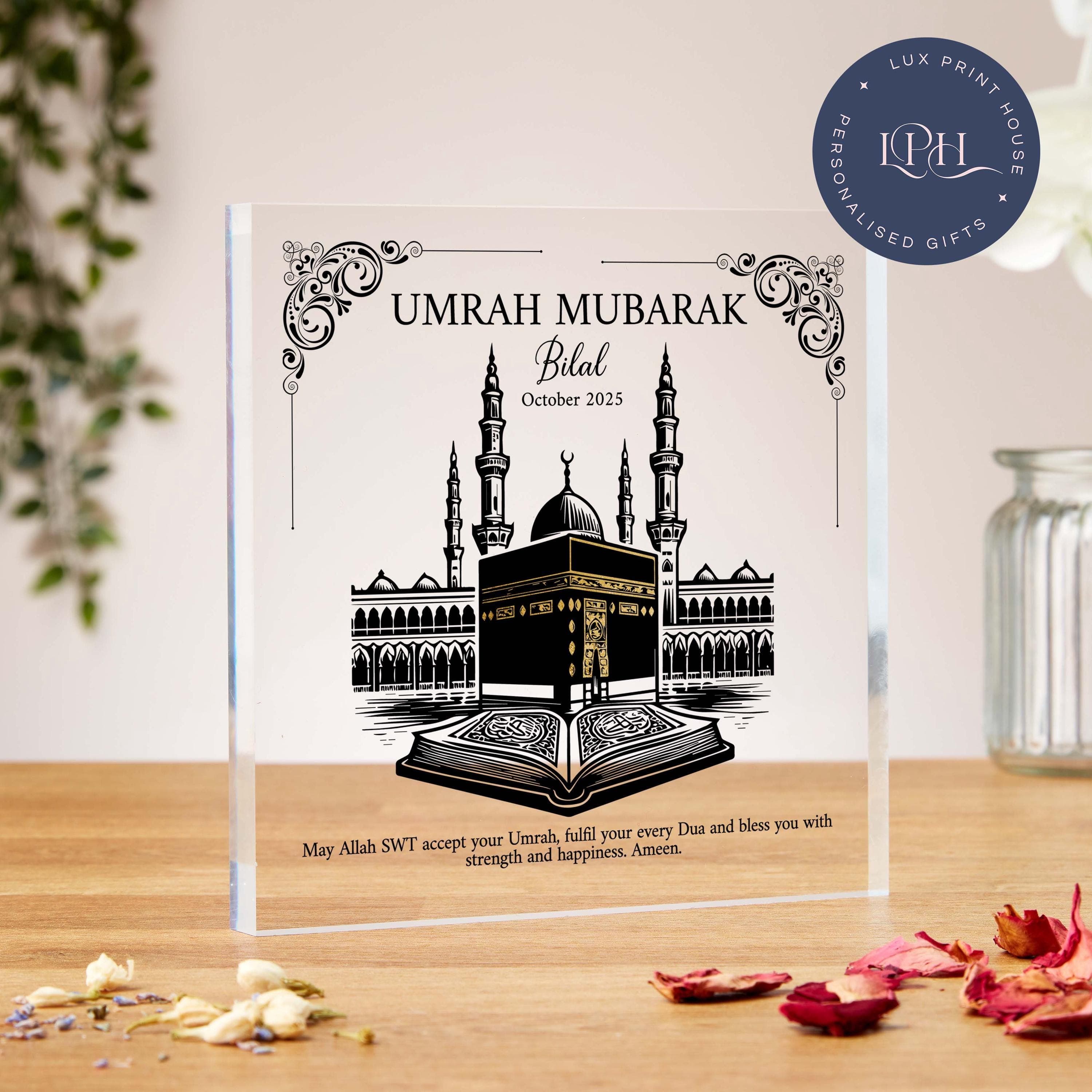 Umrah Mubarak acrylic block, personalised Islamic gift, Arabic calligraphy, Hajj Mubarak, Kaaba, Eid Mubarak, Brother, Dad, Nephew, Uncle