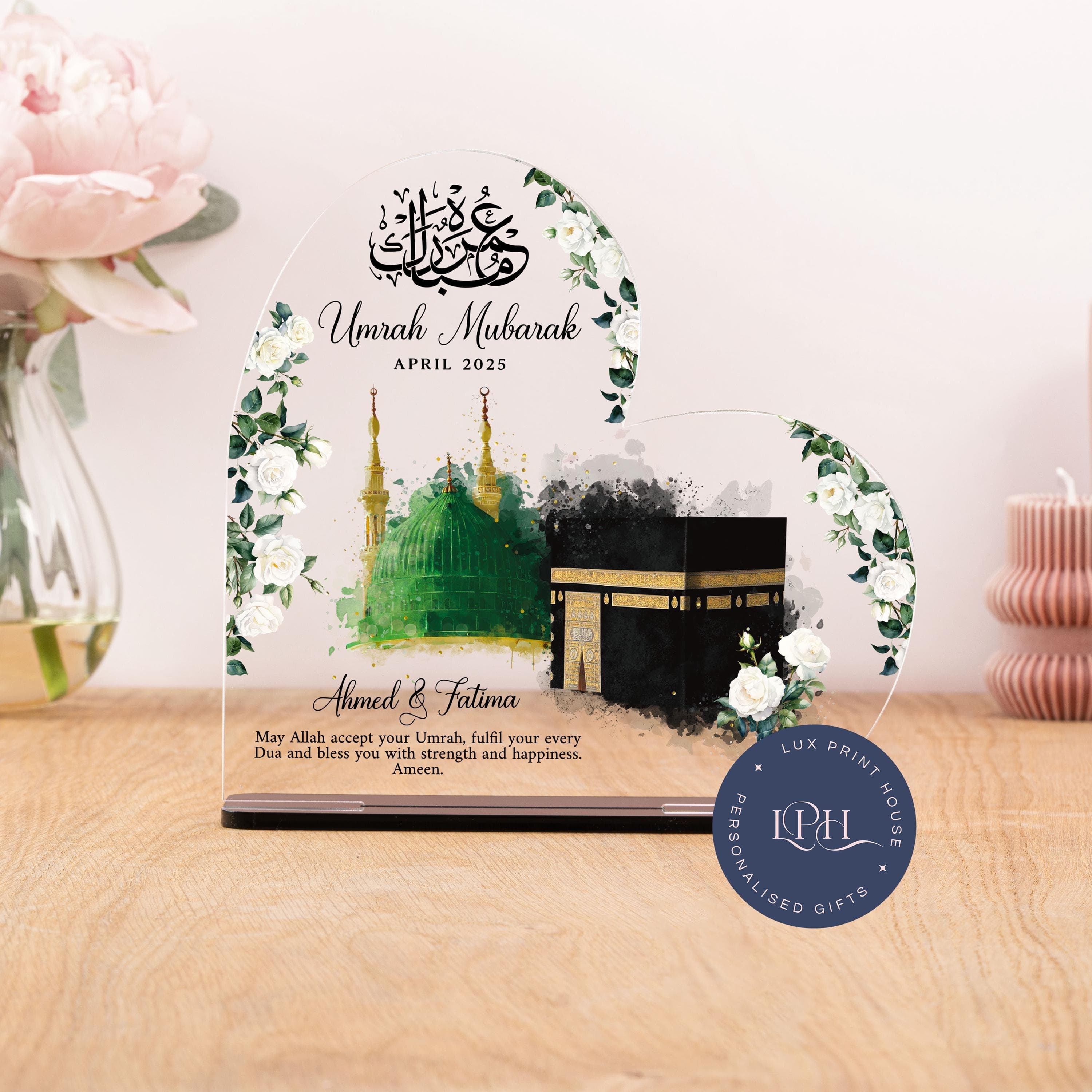 Umrah Mubarak gifts, heart acrylic plaque, personalised Islamic Gift, Hajj Mubarak, Kaaba, Ramadan, Eid Mubarak, white flowers, Mum, Aunty