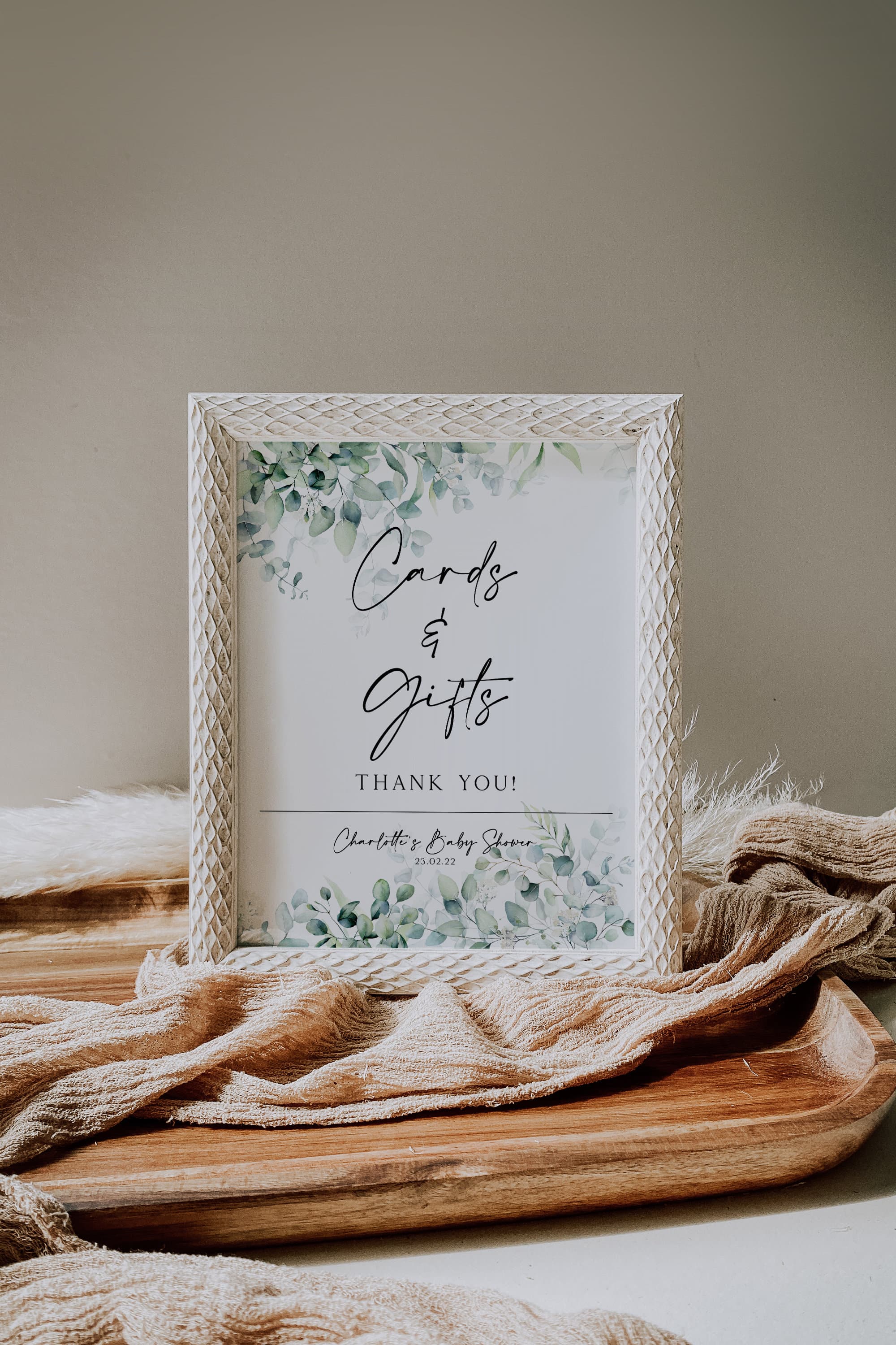 PERSONALISED baby shower cards and gifts sign, baby shower present table sign, thank you sign, eucalyptus, baby shower gift sign, greenery - image 3